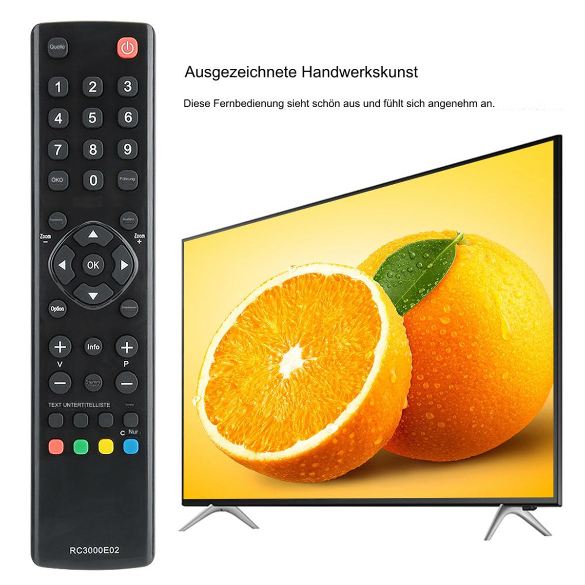 Eine schwarze Fernbedienung, ein Fernsehbildschirm mit Orangen und ein Banner mit der Aufschrift „Ausgezeichnete Handwerkskunst“.