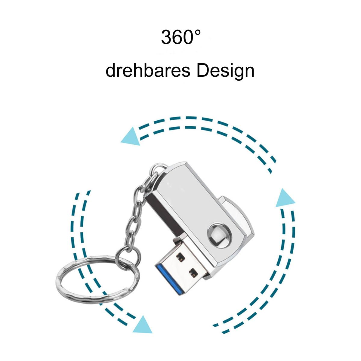 Silberner USB-Stick mit Schlüsselring. Es ist von blauen Pfeilen auf weißem Grund umgeben.