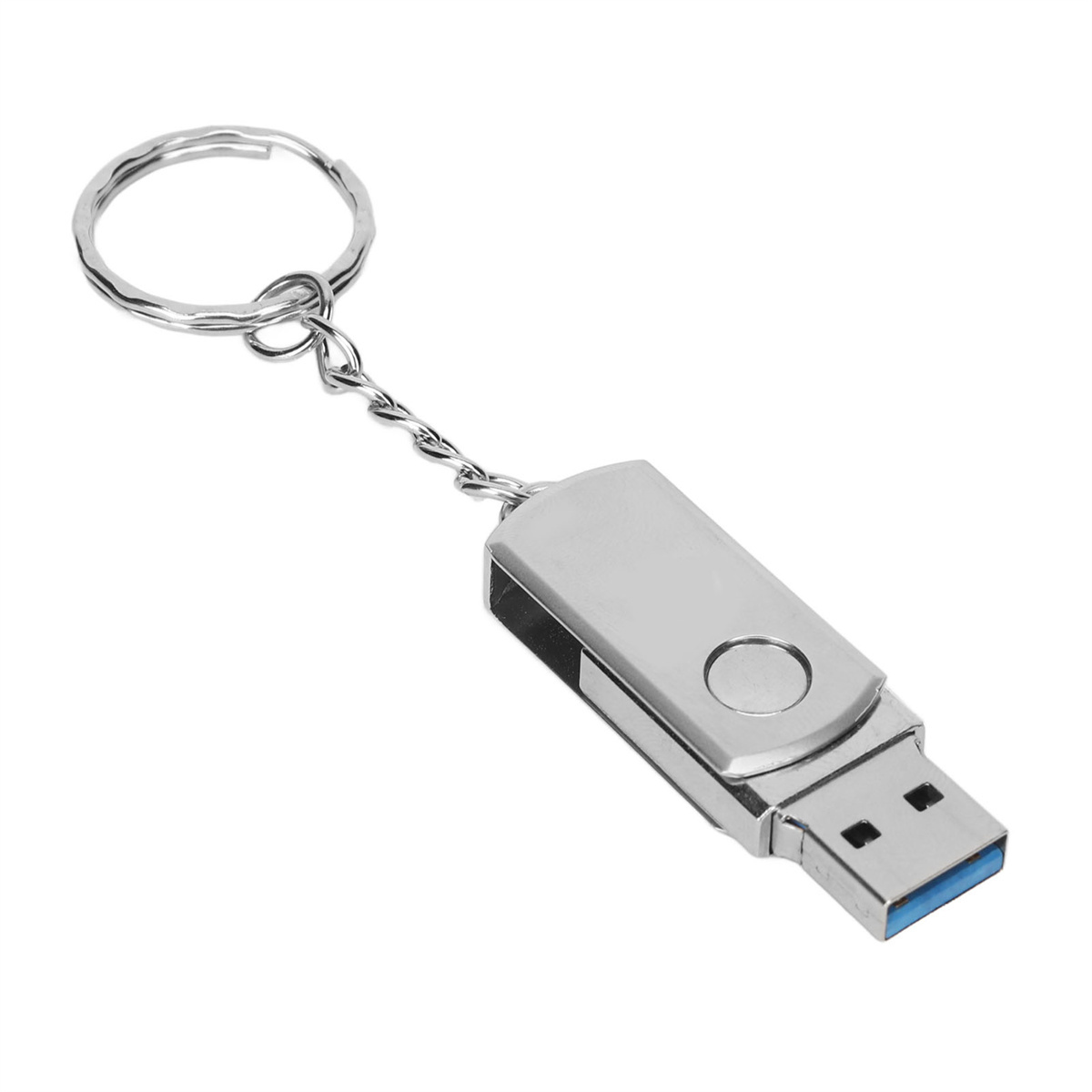 Silberner USB-Stick an einem Schlüsselanhänger befestigt. Der Stick hat einen blauen USB-Anschluss.