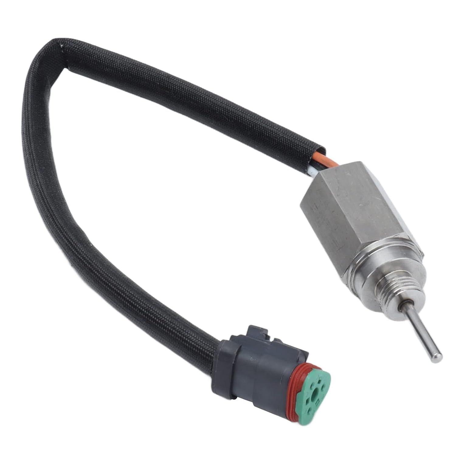 Metallsensor mit Draht und Stecker. Der Sensor ist silber, der Draht ist schwarz.