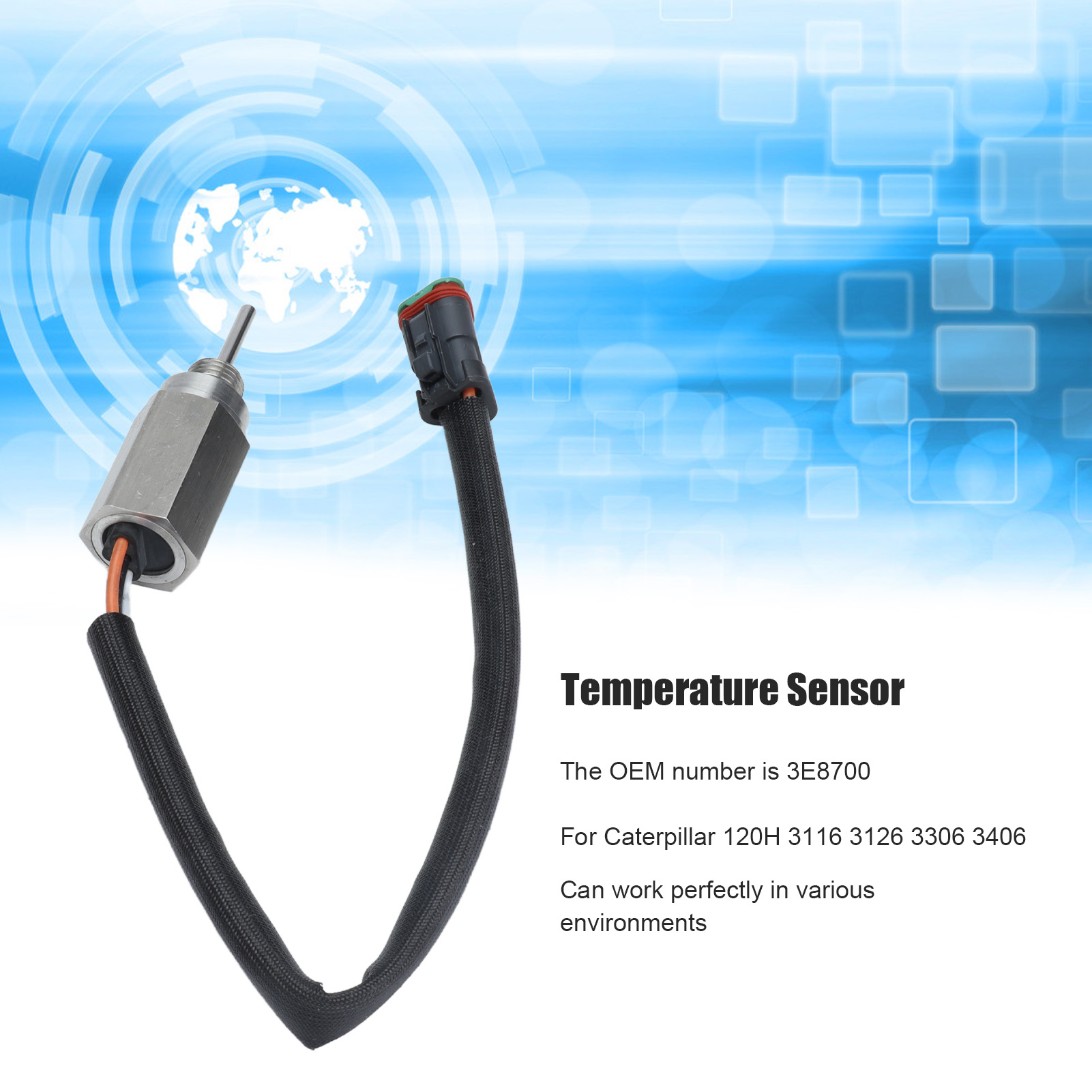 Ein Temperatursensor mit einem Metallteil und einem schwarzen Kabel, vor verschwommenem, blauem Hintergrund.