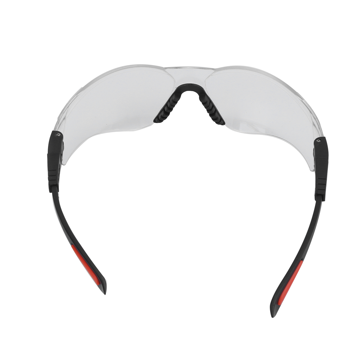 Transparente Schutzbrille mit schwarzen und roten Bügeln. Klare Gläser vor weißem Hintergrund.