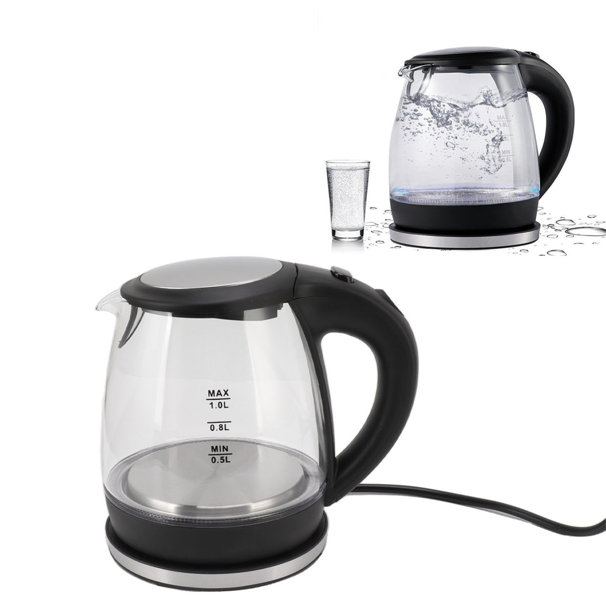 Zwei elektrische Wasserkocher mit einem Glas Wasser auf weißem Hintergrund.
