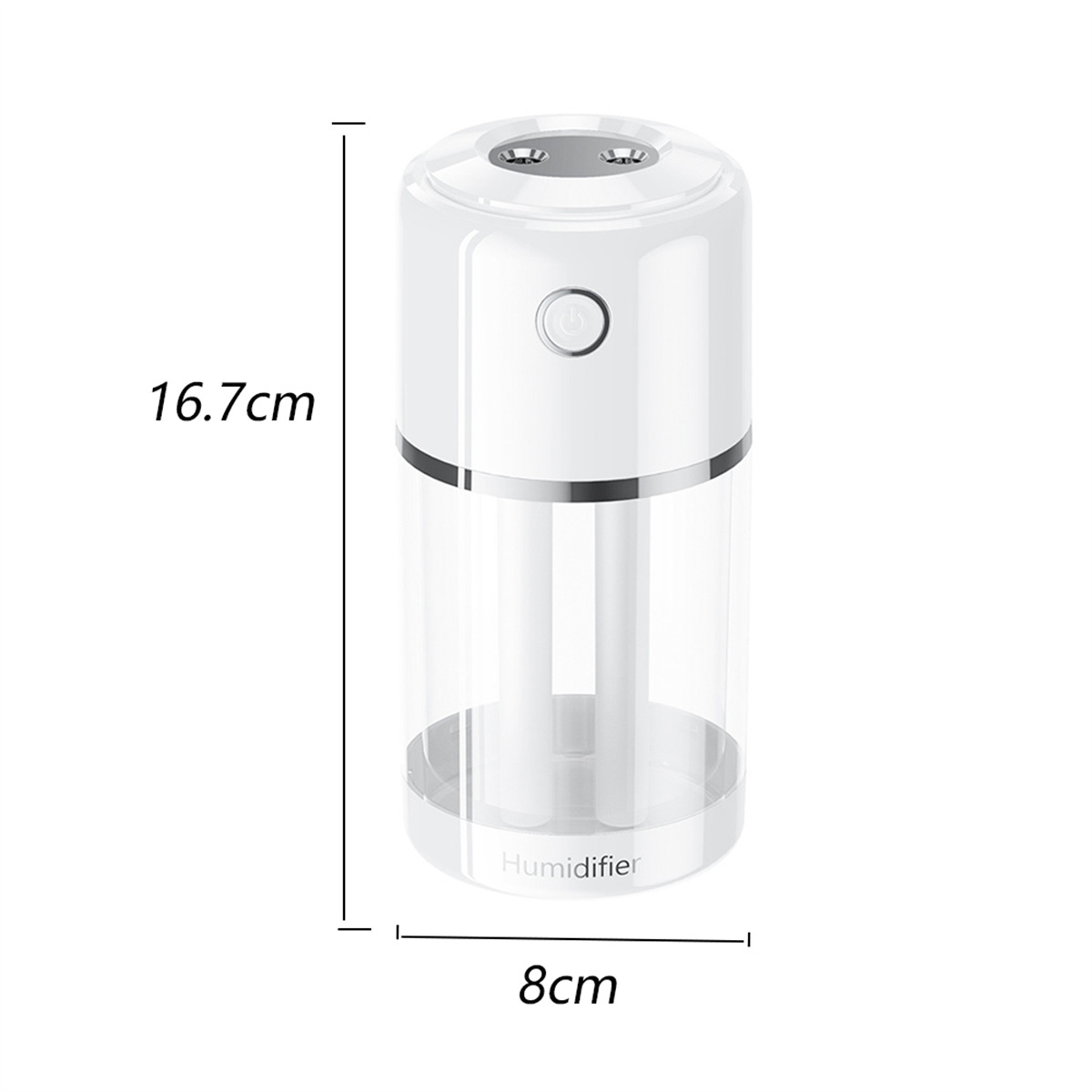 Ein weißer Luftbefeuchter mit den Abmessungen: 16,7 cm Höhe, 8 cm Breite.