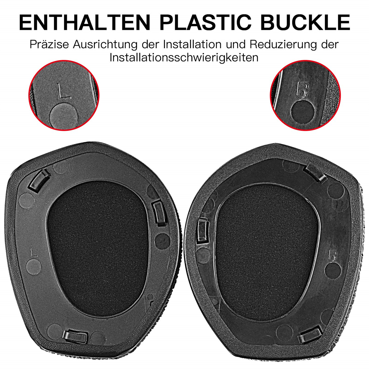 Zwei schwarze Ohrpolster mit Kunststoffschnallen, Nahaufnahmen für linke und rechte Seite.
