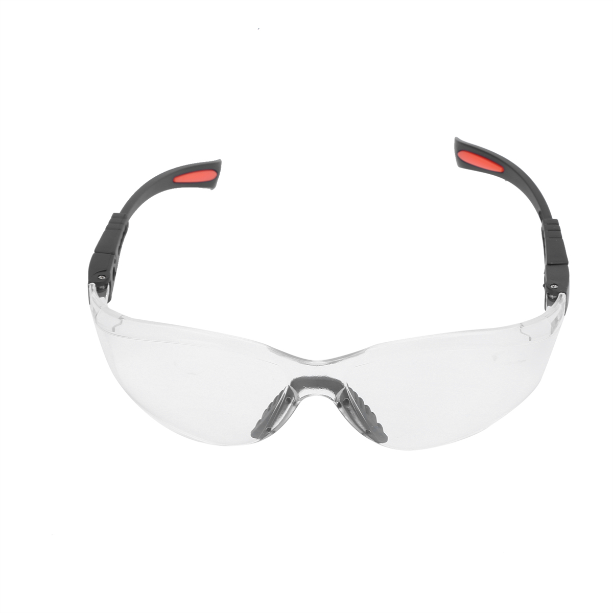Klare Schutzbrille. Schwarze Bügel mit roten Spitzen. Transparente Gläser. Weißer Hintergrund.