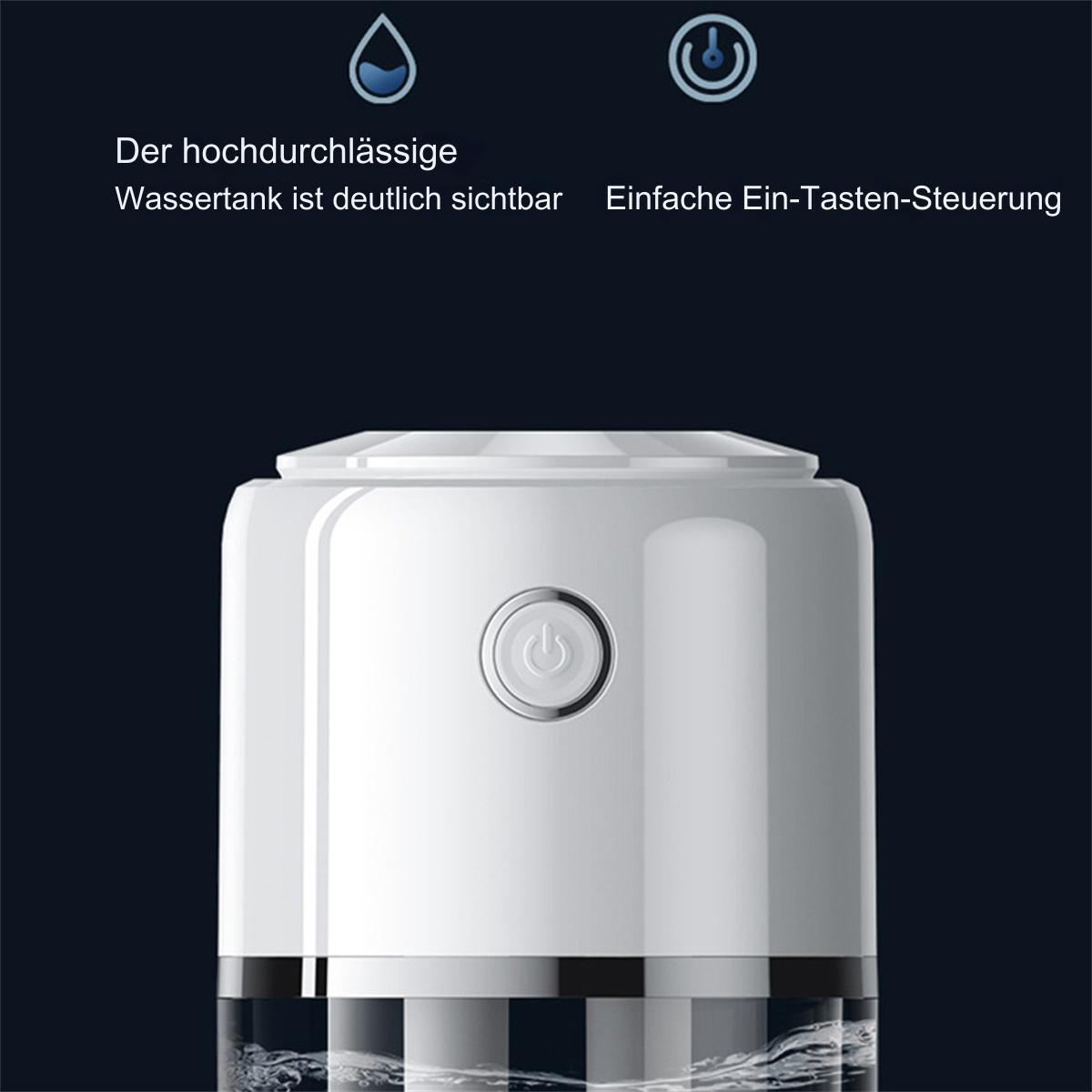 Ein weißes Gerät mit einem Ein-Aus-Knopf und einem durchsichtigen Wassertank unten.