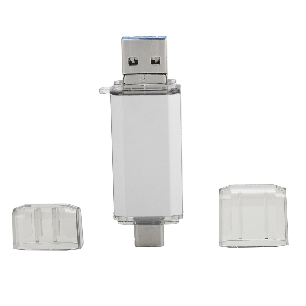 Weißer USB-Stick mit durchsichtigen Kappen, neben zwei abgenommenen Kappen auf weißem Hintergrund.