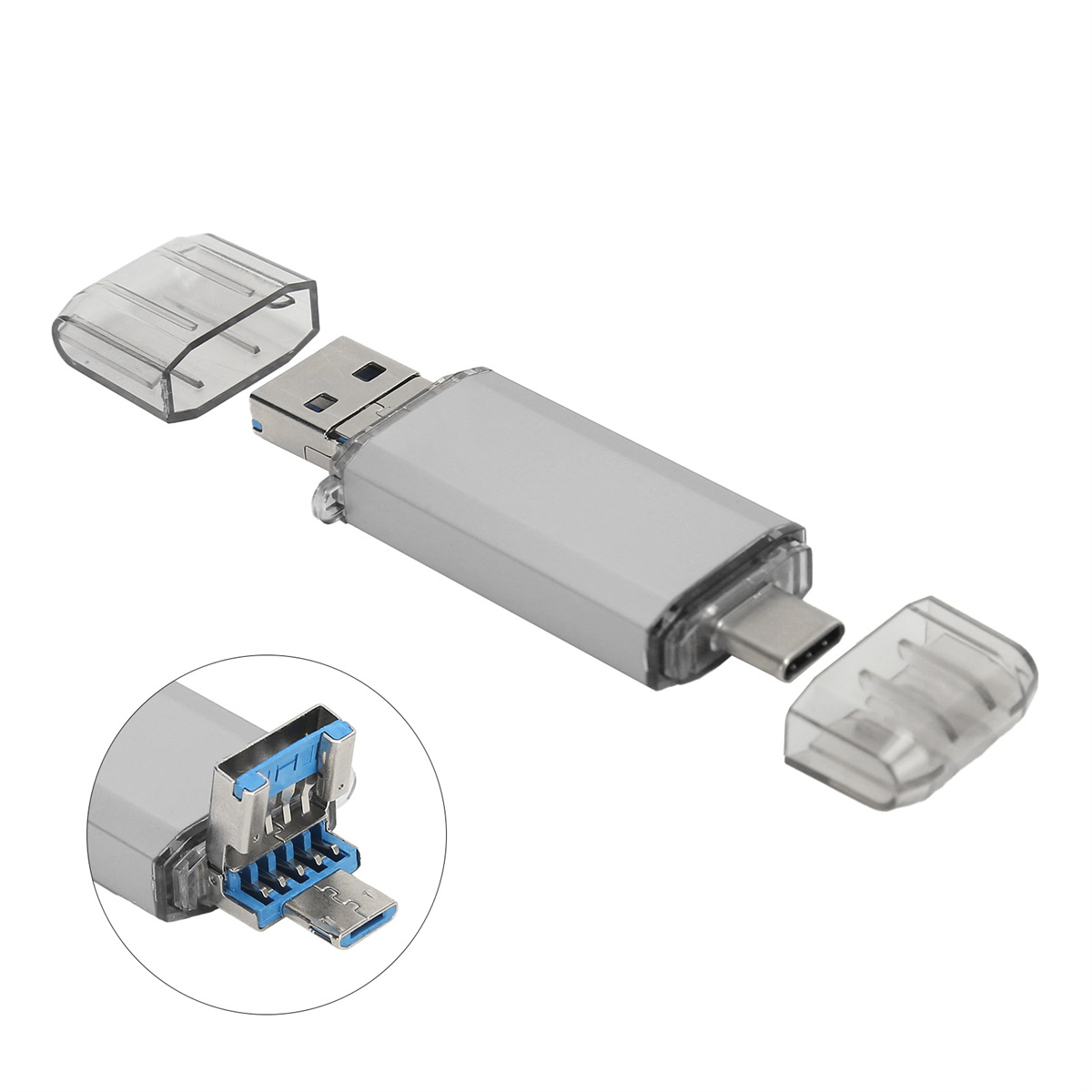 Silberner USB-Stick mit transparenten Kappen, USB- und USB-C-Anschlüssen.