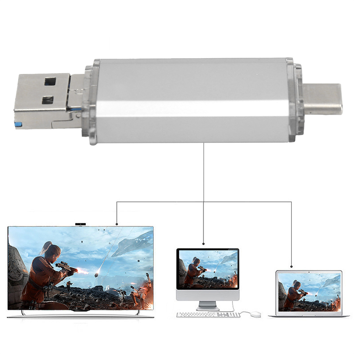 USB-C-zu-USB-Adapter, der mit Bildschirmen verbunden ist, die ein Spiel zeigen. Der Adapter verbindet sich mit TV, Monitor und Laptop.