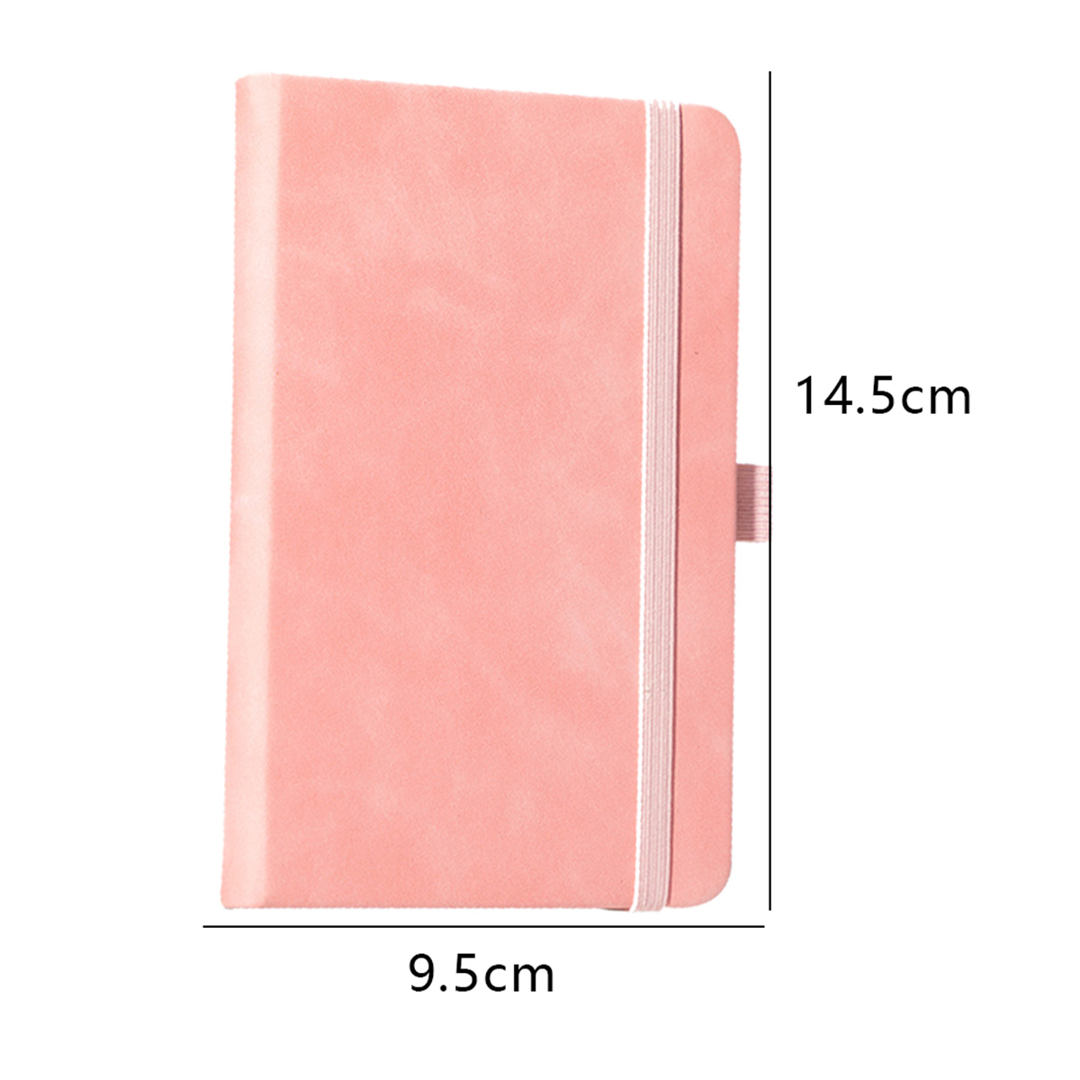 Ein rosa Notizbuch mit Riemen wird gezeigt. Abmessungen von 9,5 cm x 14,5 cm werden angezeigt.