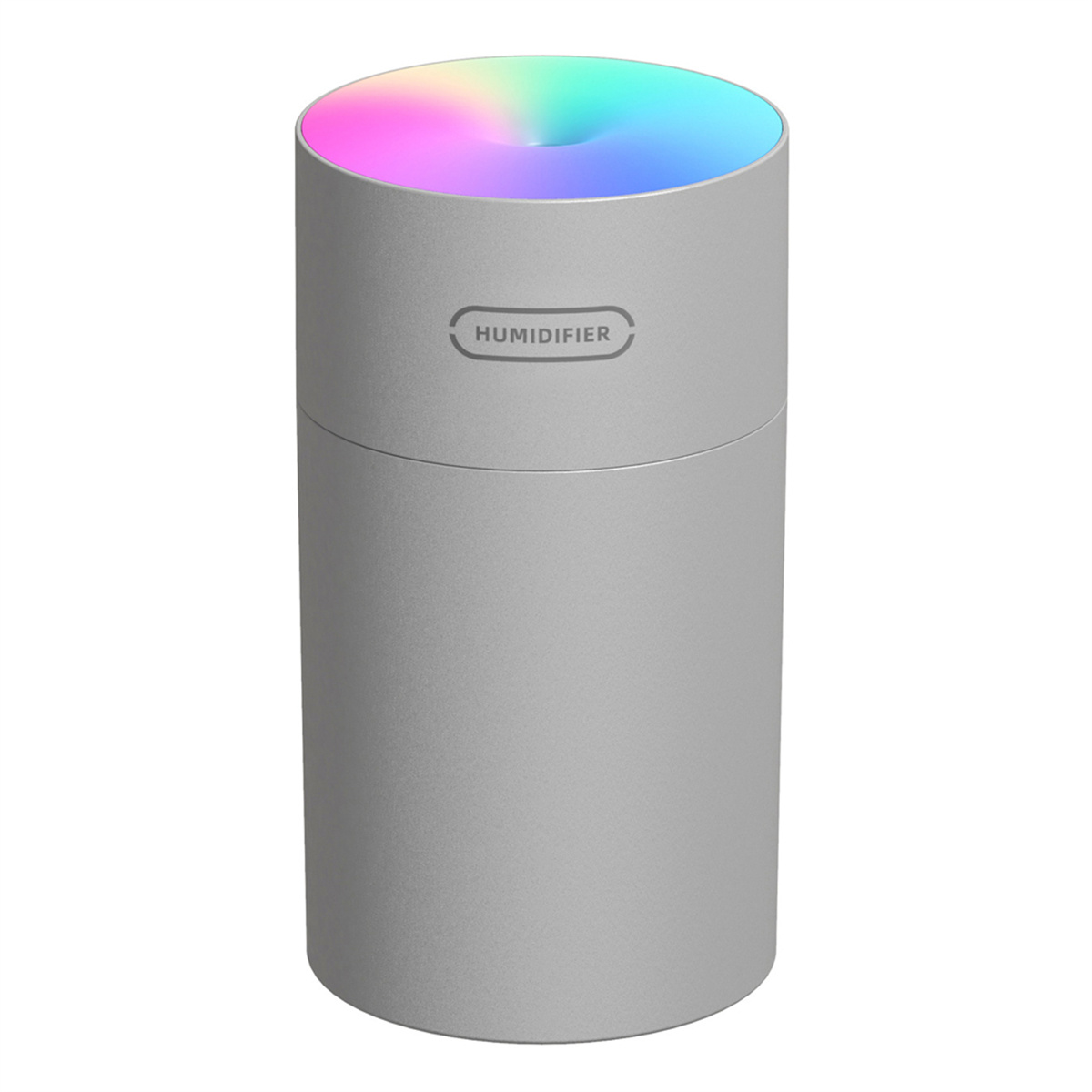 Grauer Luftbefeuchter. Zylindrische Form mit beleuchtetem Deckel. Aufschrift 'HUMIDIFIER'.