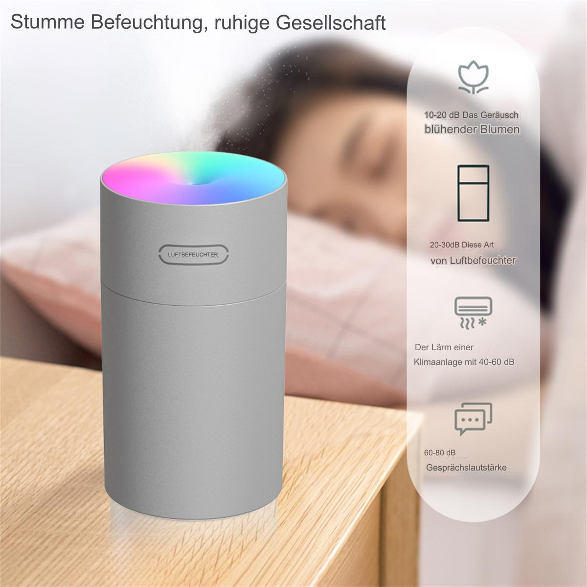 Ein grauer Luftbefeuchter mit Farbwechsel-Licht und einer schlafenden Person im Hintergrund.