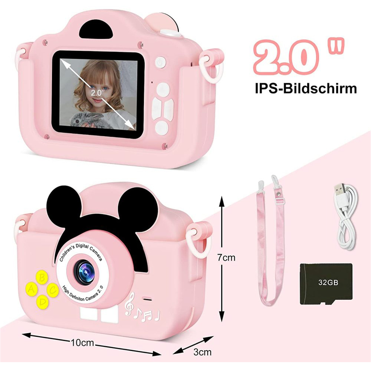 Rosa Kinder-Digitalkamera mit Knöpfen, Display und Zubehör.