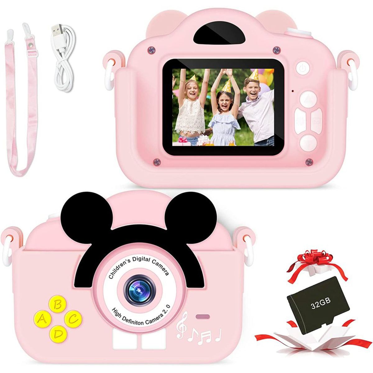 Eine rosa Kinderkamera mit Cartoon-Design. Zubehör umfasst einen Gurt und eine Speicherkarte.