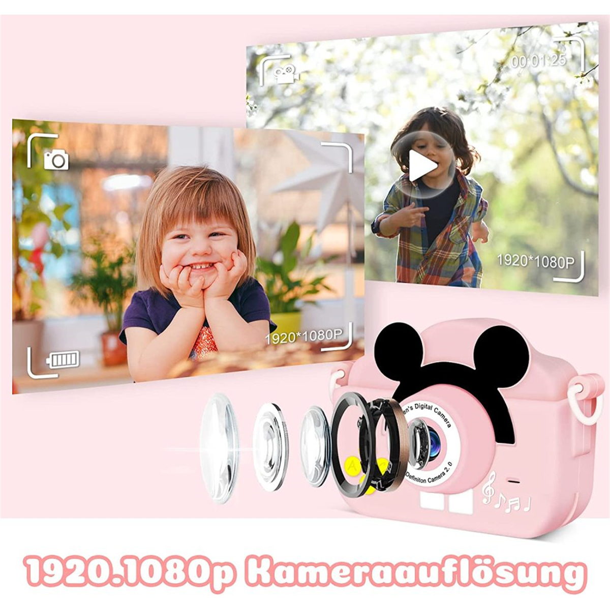 Rosa Spielzeugkamera mit Kinderfoto-Anzeigen. Objektive sind vor der Kamera abgebildet.