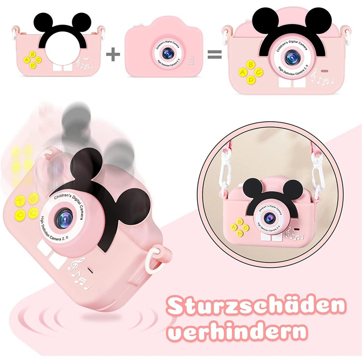 Eine rosa Kinderkamera mit einem Cartoon-Gesicht und einem Gurt. Verschiedene Kameraansichten.