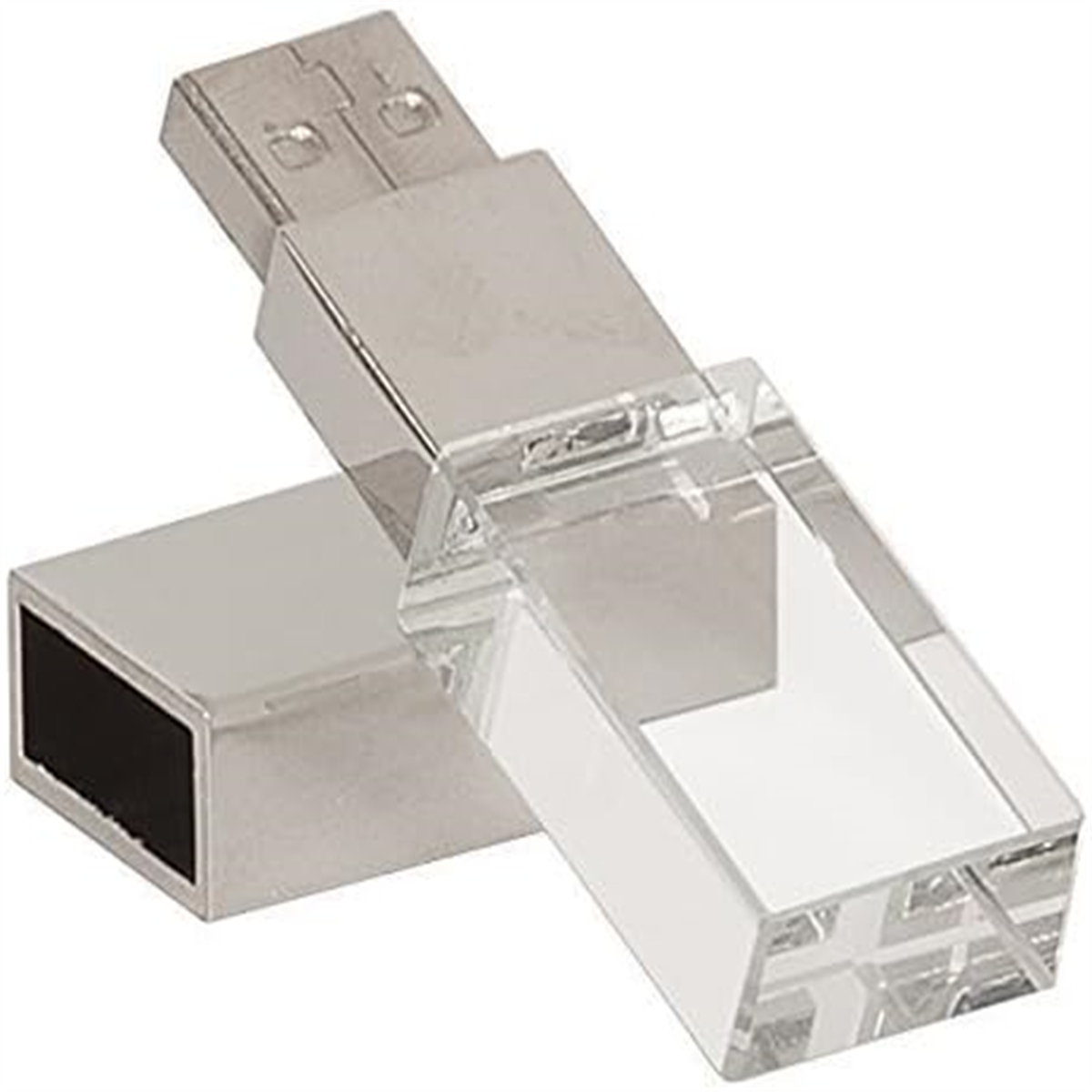 Zwei silberne USB-Laufwerke, eines teilweise in ein transparentes Acrylgehäuse eingesetzt.