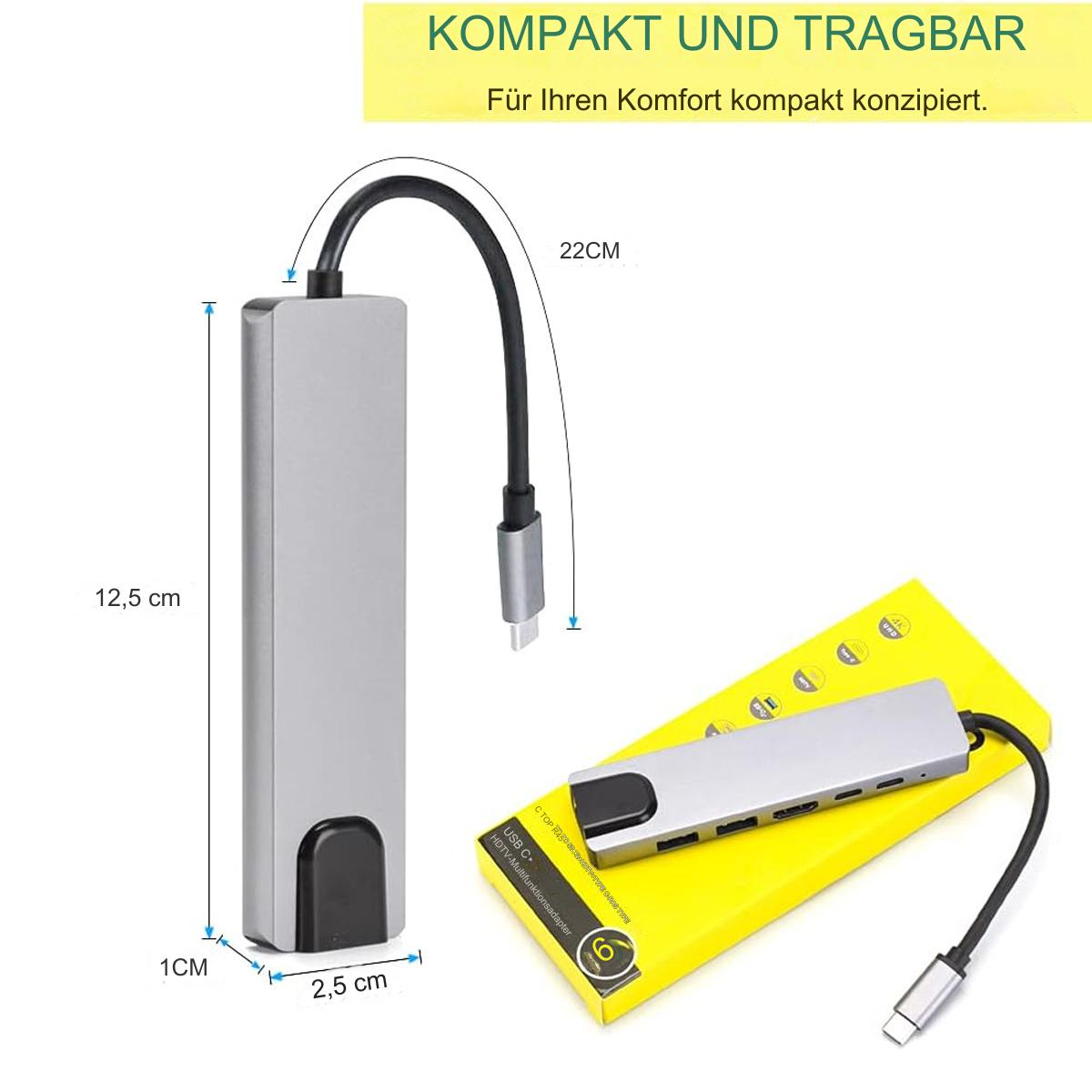 Ein silberner USB-Hub mit schwarzem Kabel und eine gelbe Box mit demselben Hub.