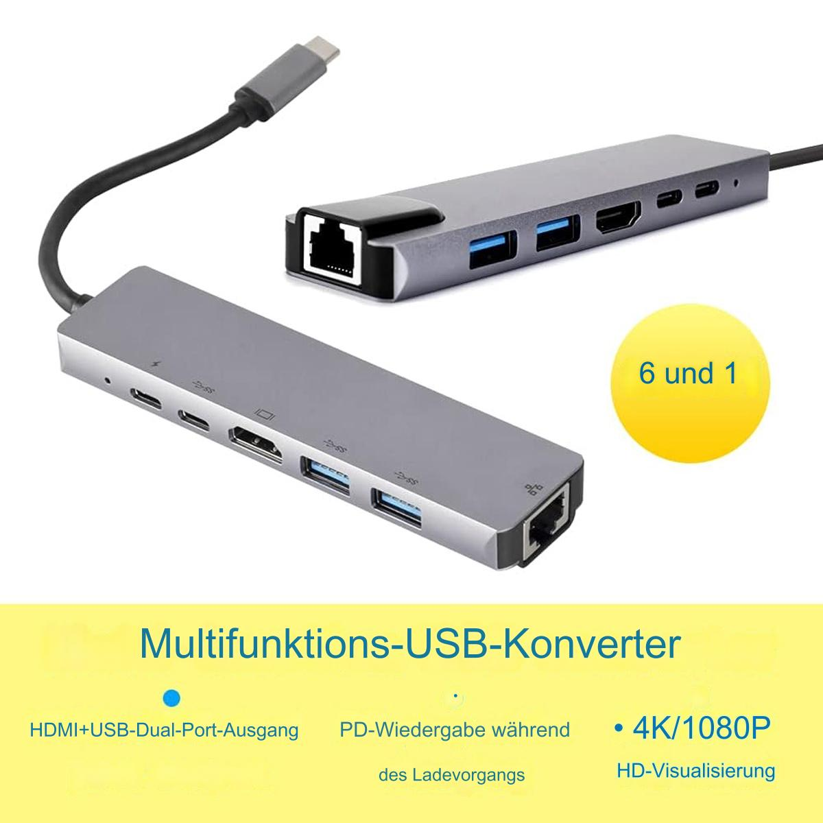 USB-Hub mit mehreren Anschlüssen. Ein grauer USB-Hub mit HDMI-, USB- und Ethernet-Anschlüssen wird gezeigt.