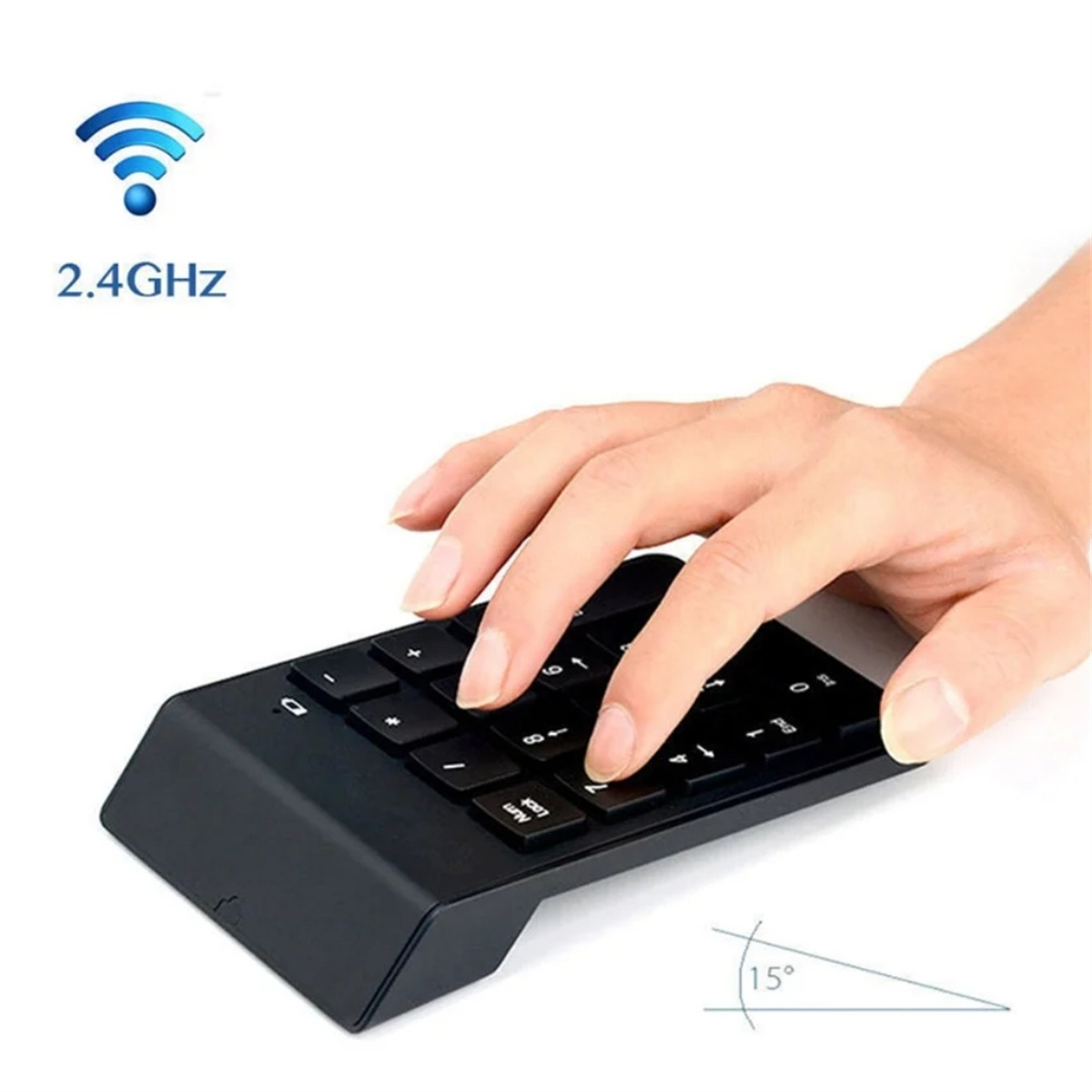 Ein schwarzer numerischer Tastenblock, eine Hand benutzt ihn. Mit 2,4 GHz WLAN-Symbol.