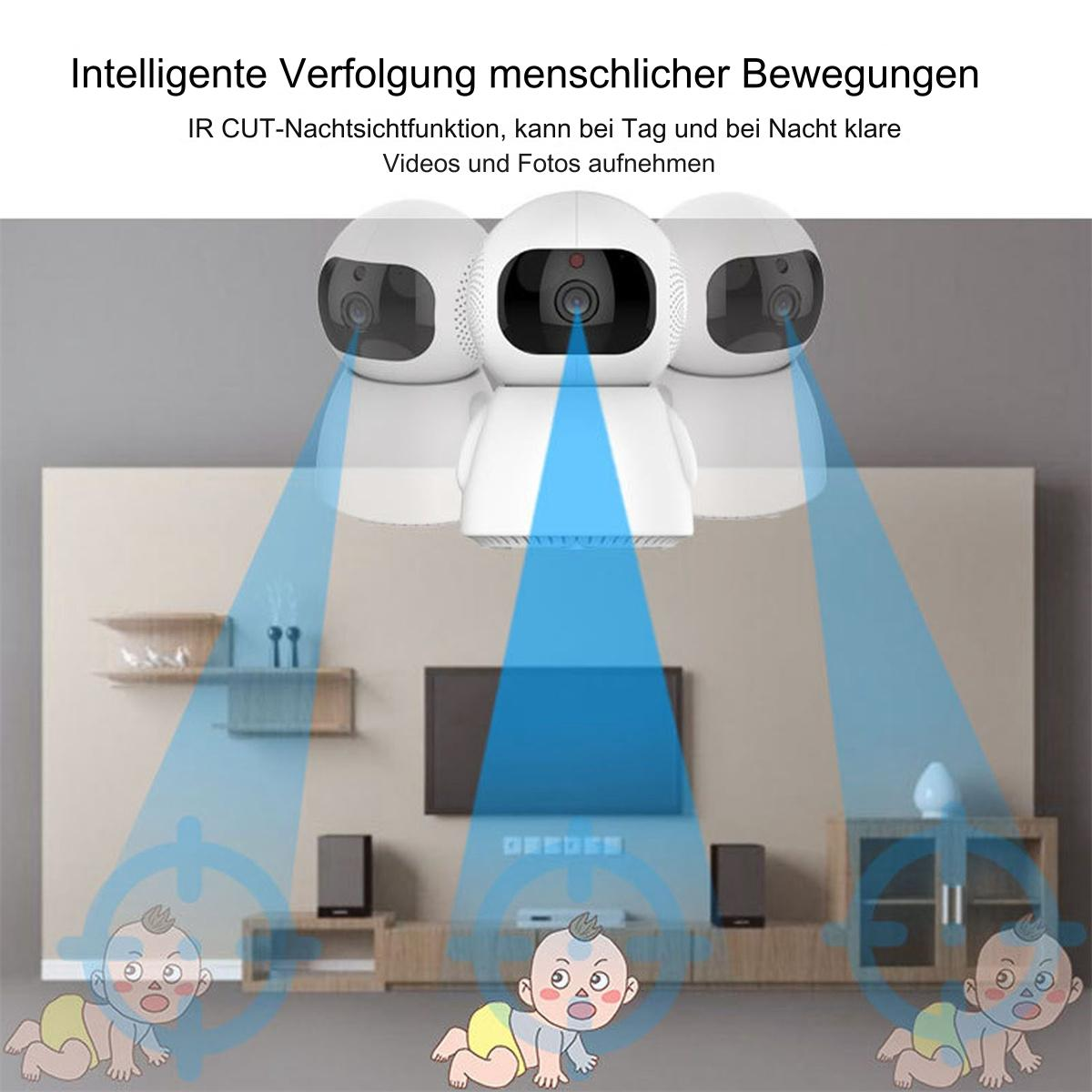 Drei weiße Überwachungskameras mit blauen Lichtstrahlen, in einem Raum, mit Baby-Illustrationen darunter.
