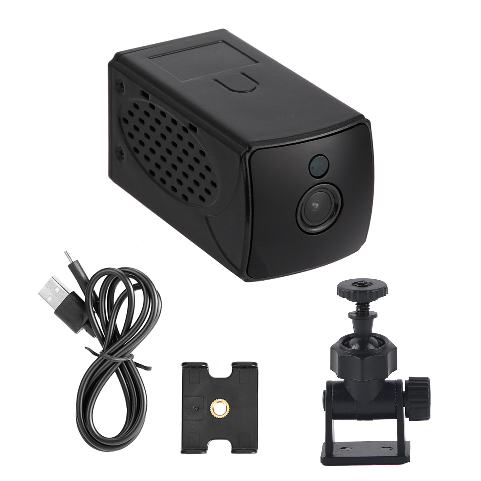 Schwarze Überwachungskamera mit Zubehör, einschließlich USB-Kabel und Halterung, auf Weiß.