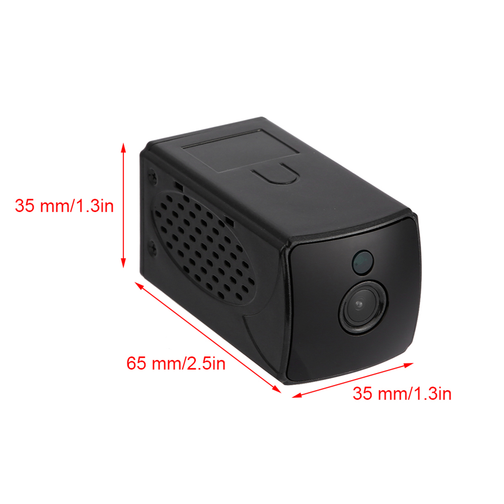 Schwarze Mini-Kamera mit Abmessungen: 65 mm lang, 35 mm breit und 35 mm hoch.