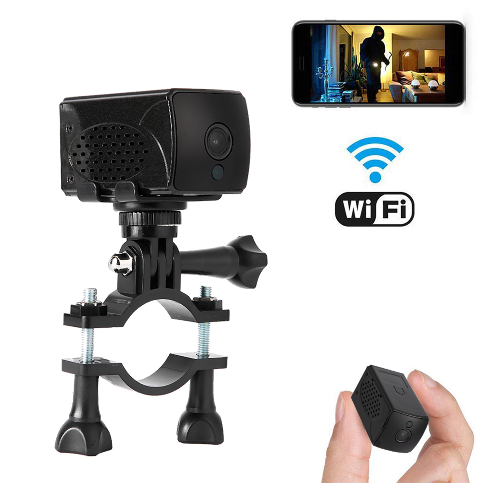 Schwarze Action-Kamera an Klemme befestigt, Telefon zeigt Live-Stream.