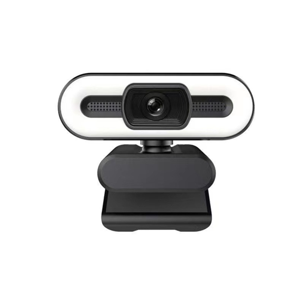 Eine schwarz-weiße Webcam mit Ringlicht auf weißem Hintergrund.