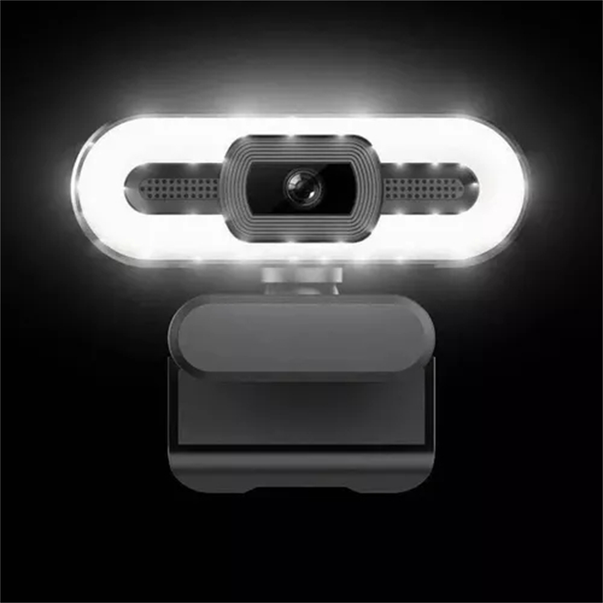Webcam mit hellem Licht um die Linse. Sie steht auf einem Ständer vor dunklem Hintergrund.