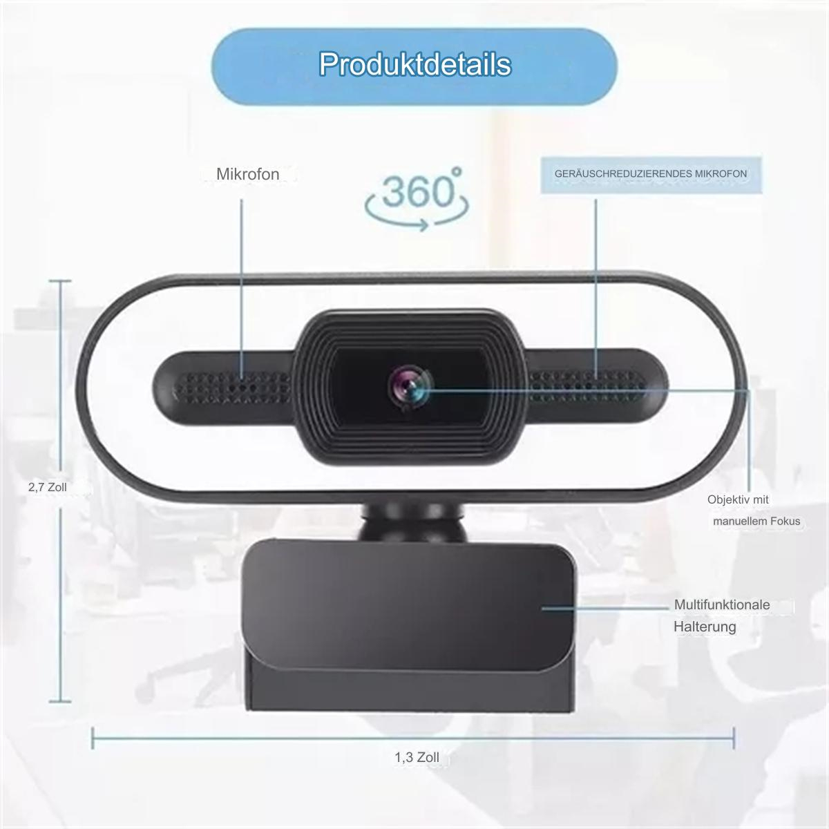 Eine schwarze Webcam mit Lichtring. Sie wird mit Mikrofon und anderen Funktionen gezeigt.