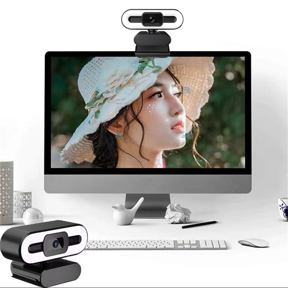 Computer-Monitor mit Webcam oben. Der Bildschirm zeigt eine Frau mit Hut. Weißer Hintergrund.
