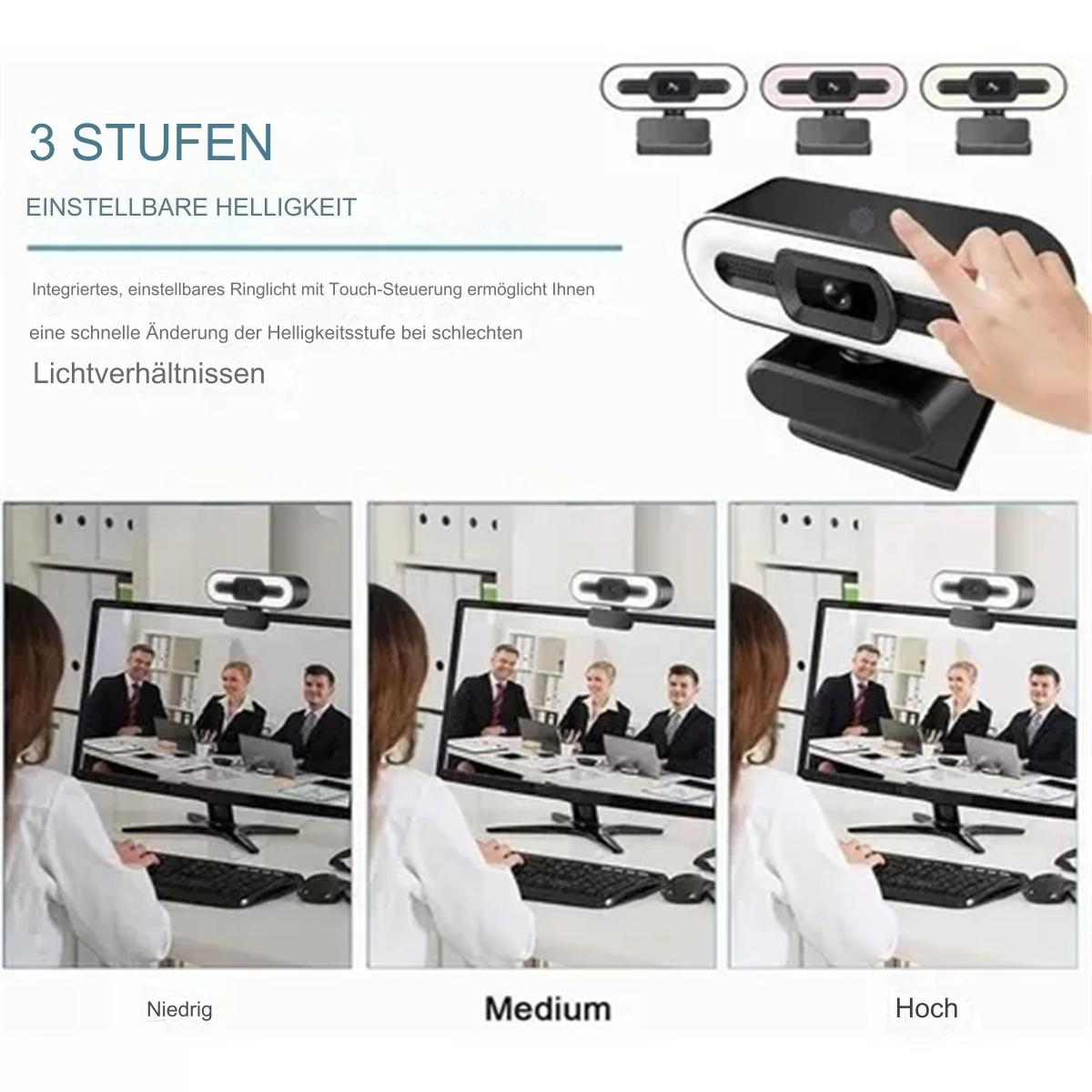 Eine Webcam mit einstellbaren Helligkeitseinstellungen, die auf drei verschiedenen Computerbildschirmen gezeigt wird.