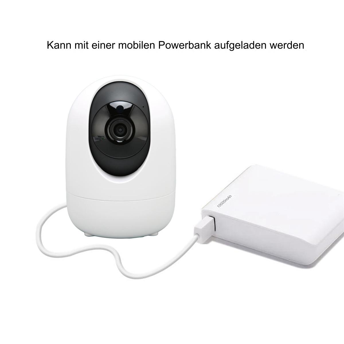 Eine weiße Überwachungskamera, die mit einer weißen Powerbank mit einem weißen Kabel verbunden ist. Sie ist eingesteckt und lädt.