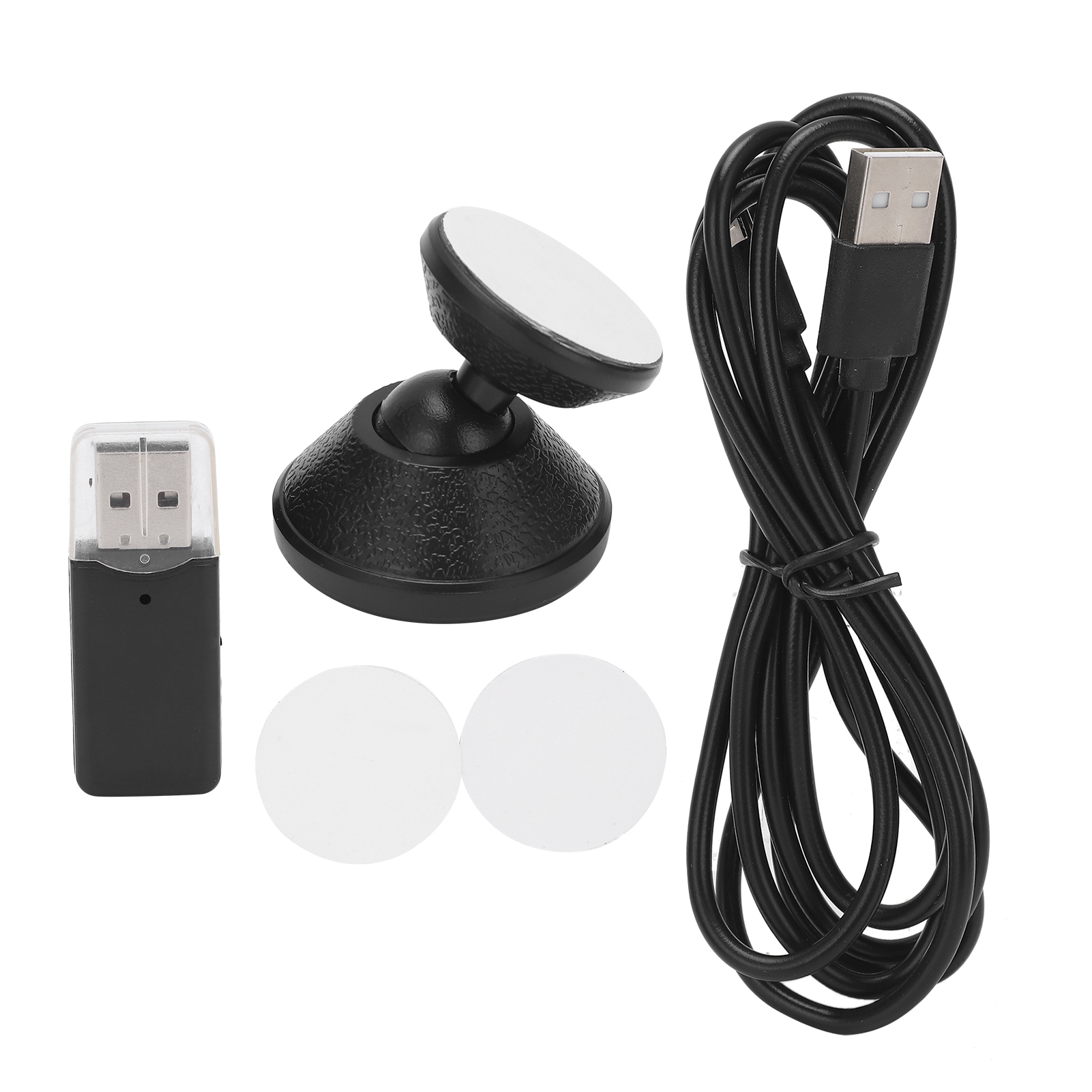 Ein schwarzer USB-Empfänger, eine Magnetbefestigung und ein USB-Kabel. Zwei weiße Klebepads sind vorhanden.