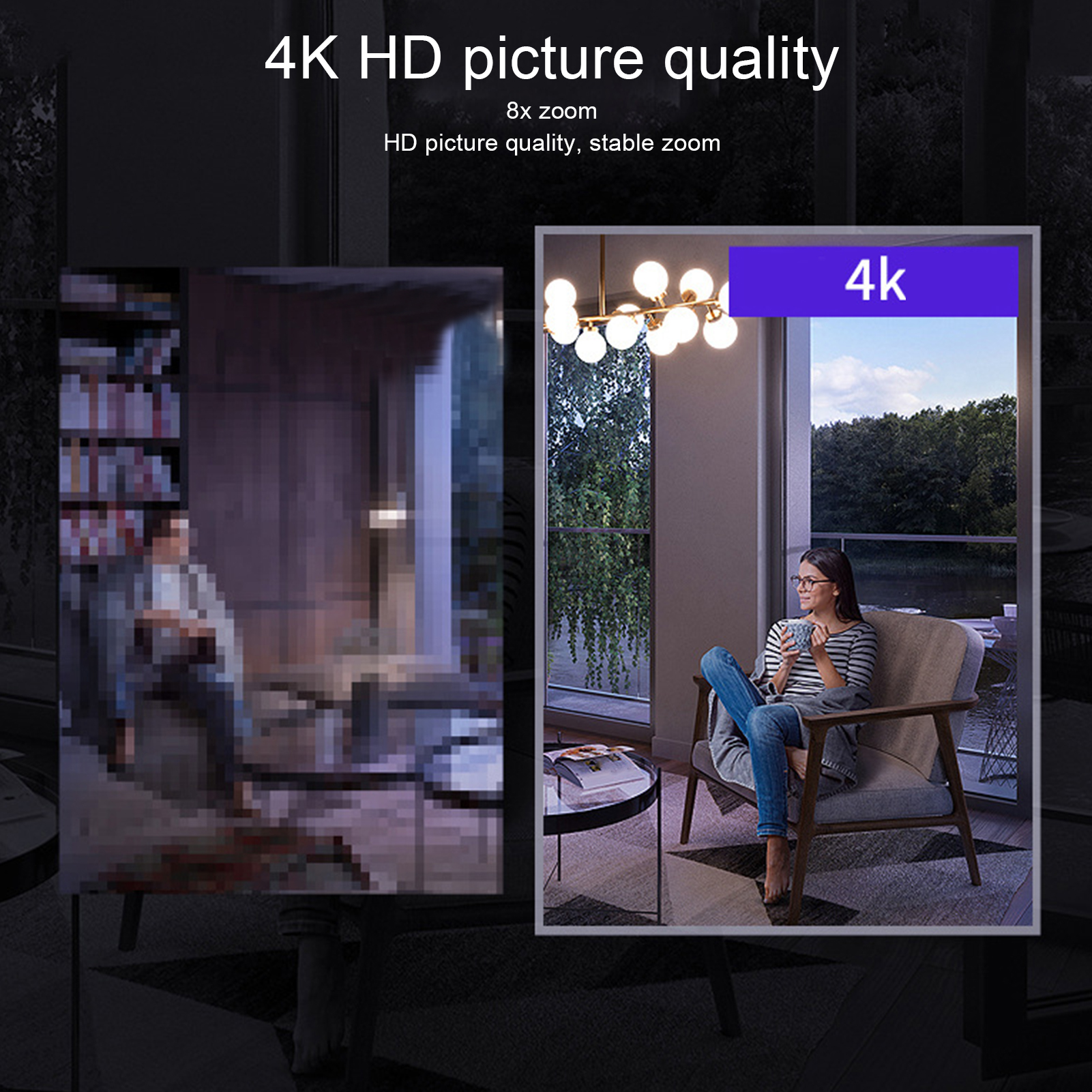 Zwei Bilder, die eine Frau mit Brille und ein Wohnzimmer zeigen. Eines ist eine niedrig aufgelöste Version, das andere 4K.