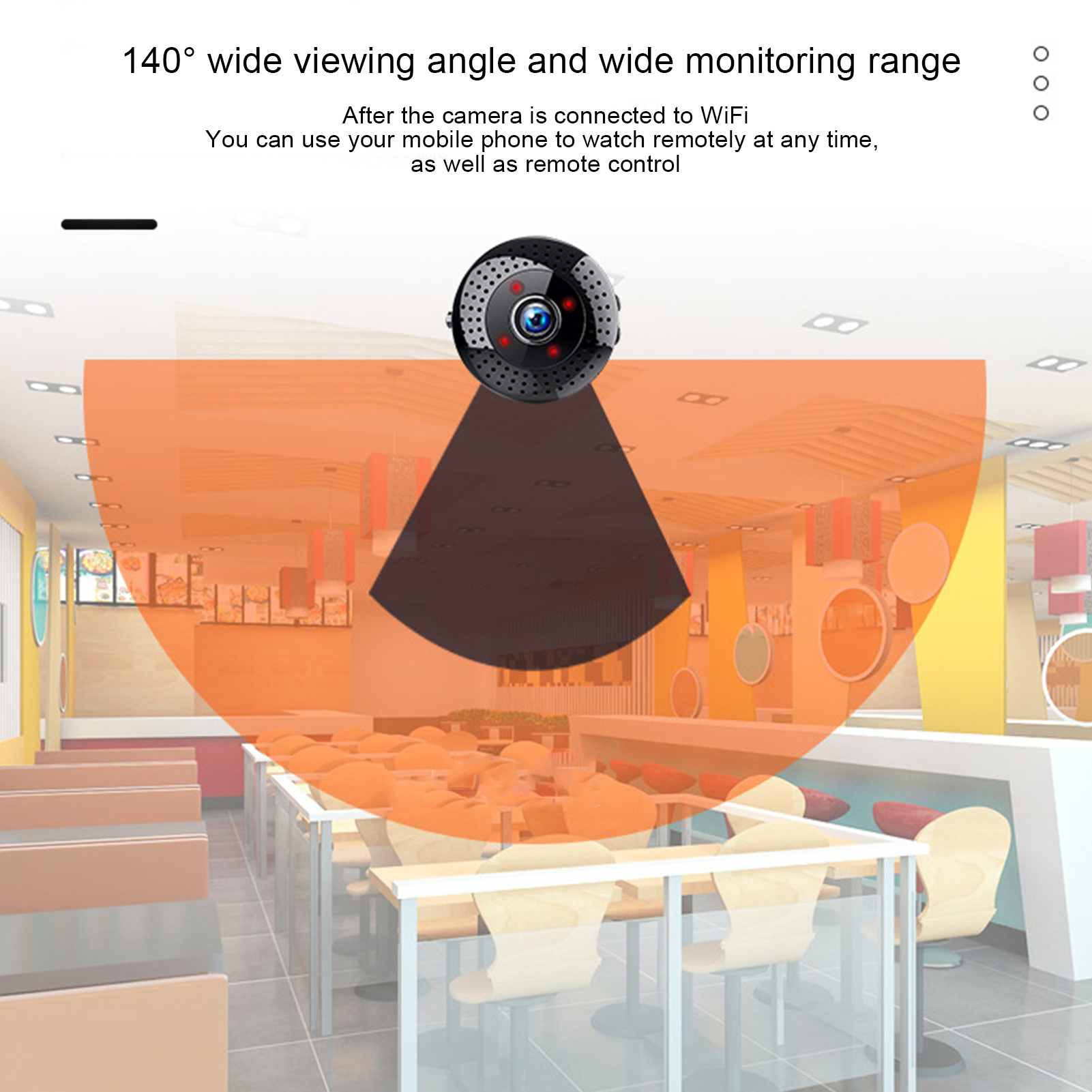 Eine kleine schwarze Kamera mit weitem Blick. Die Ansicht ist orange.