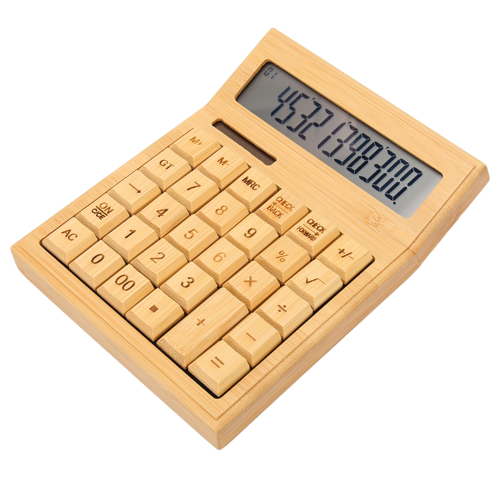 Ein Holzrechner mit Zahlen auf einem digitalen Bildschirm, mit mehreren Tasten, auf weißer Oberfläche.