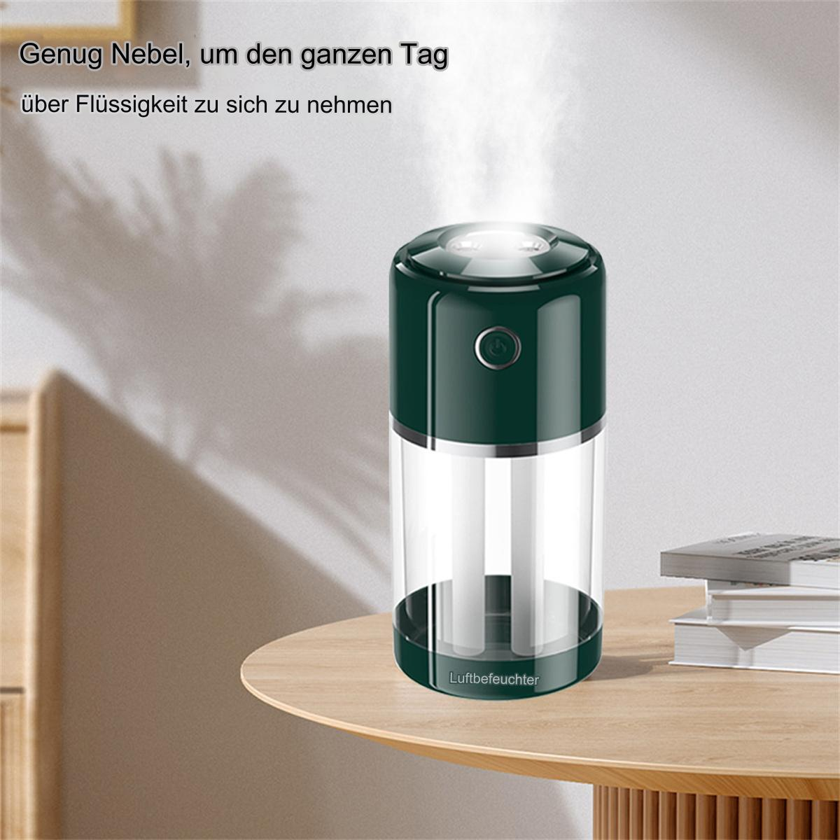 Dunkelgrüner Luftbefeuchter mit klarem Glas und einem Holztisch. Text sagt: "Genug Nebel...".