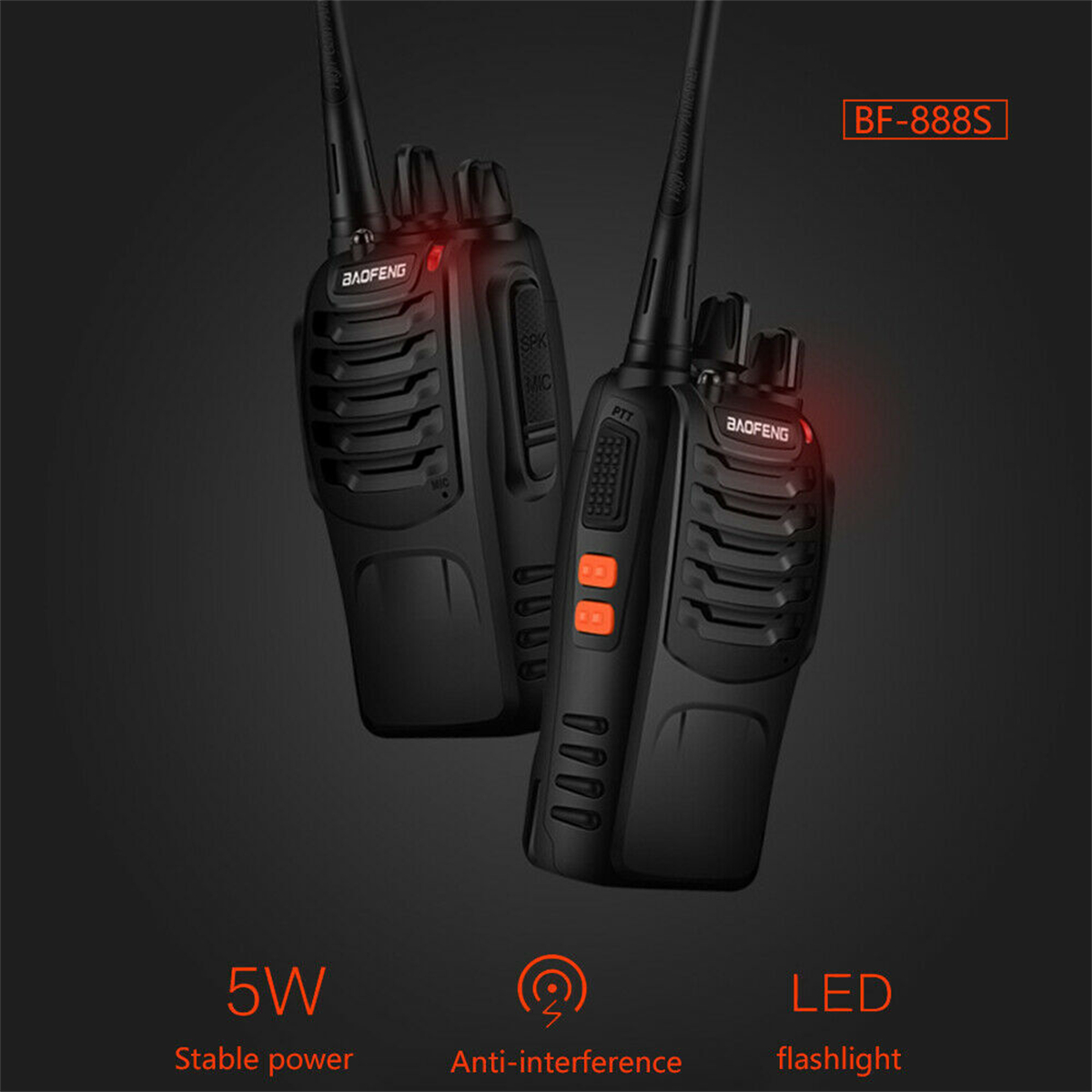 Zwei schwarze Walkie-Talkies mit roten Lichtern auf dunklem Hintergrund.