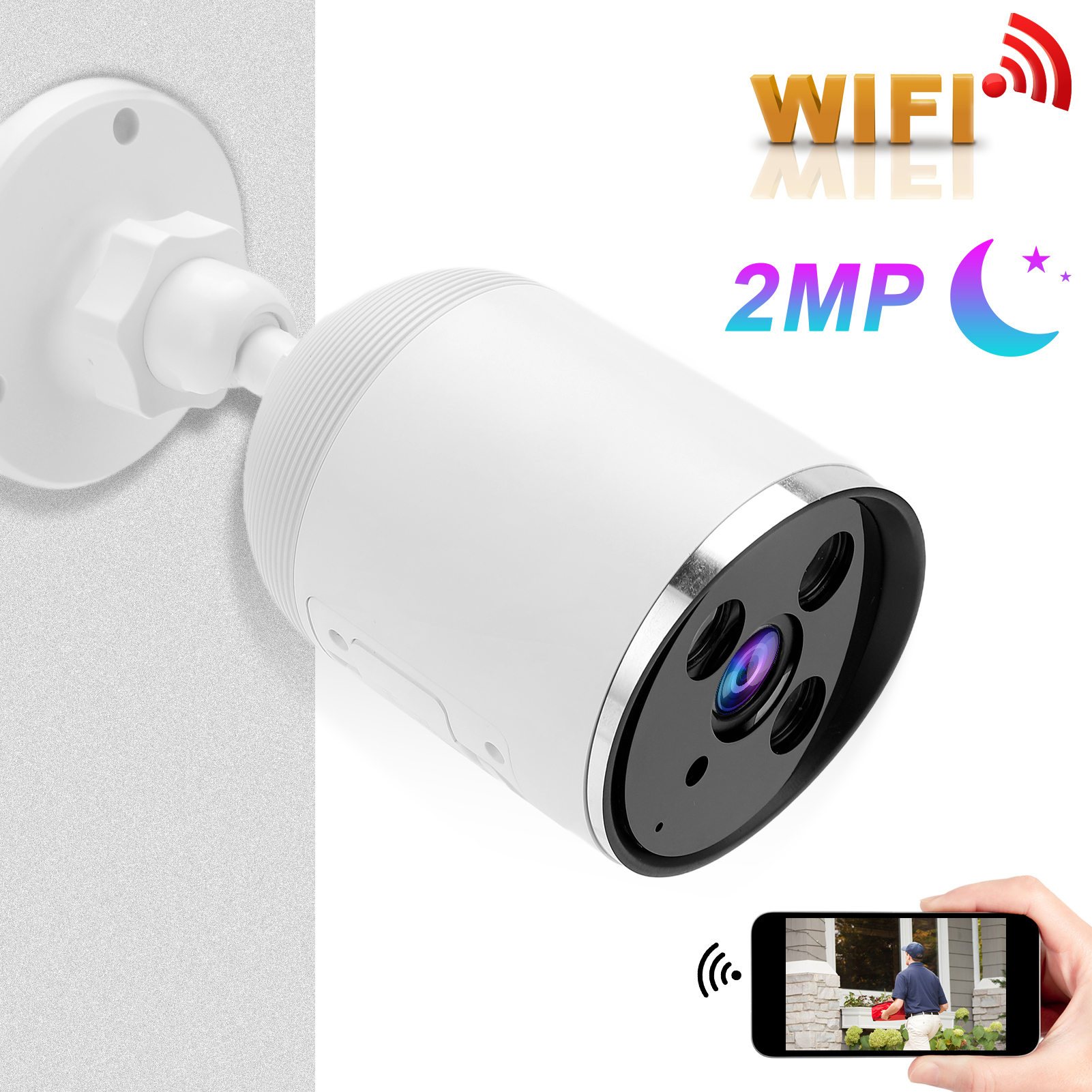Weiße Überwachungskamera an der Wand, Telefon mit Video-Feed, WIFI und 2MP Text.