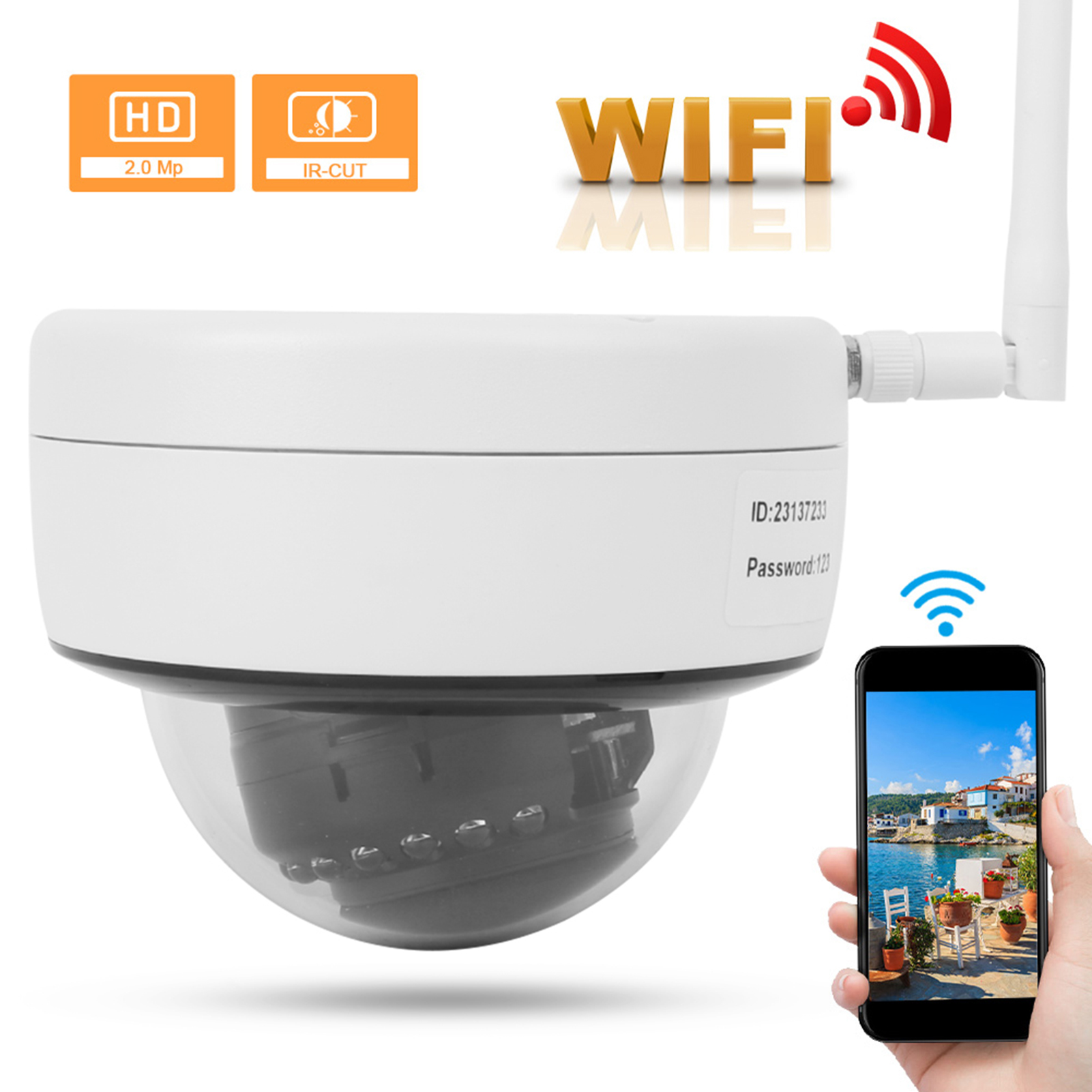 Weiße Sicherheitskamera mit Telefon, das eine Küstenansicht und WLAN-Signal zeigt.