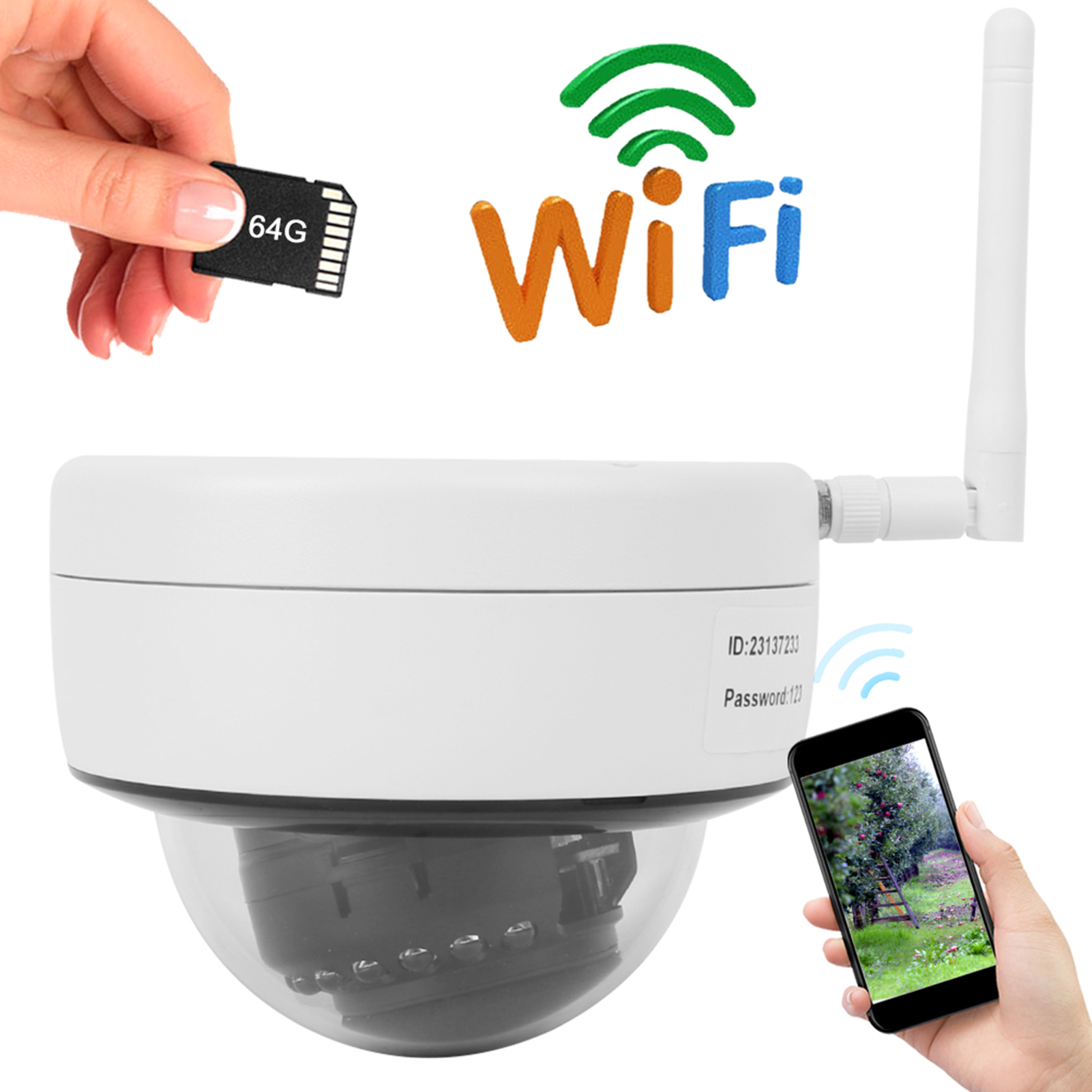 Weiße Überwachungskamera, Smartphone mit Garten, SD-Karte, WiFi-Logo.