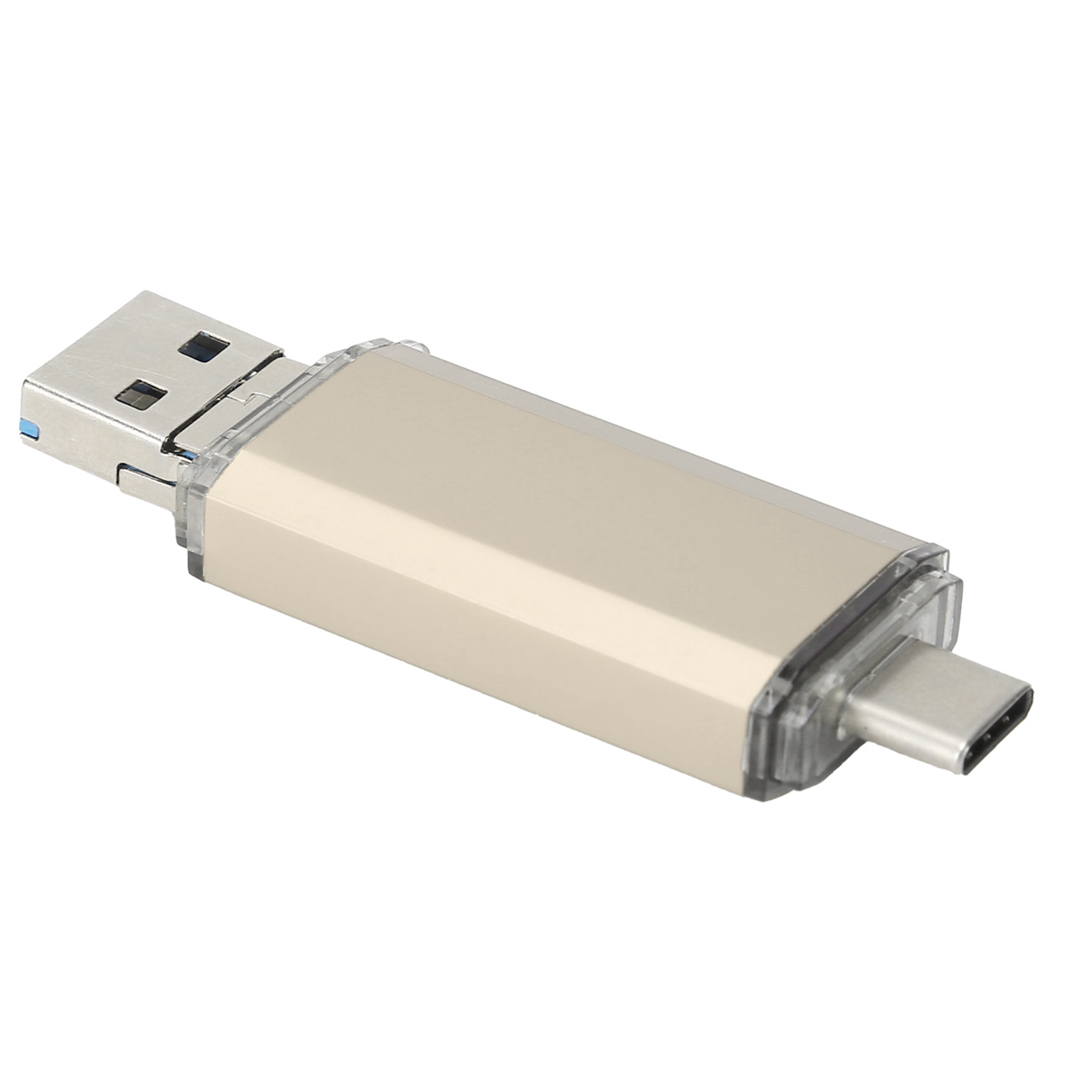 Silberner und goldener USB-Stick auf weißem Hintergrund. Es hat USB- und USB-C-Anschlüsse.