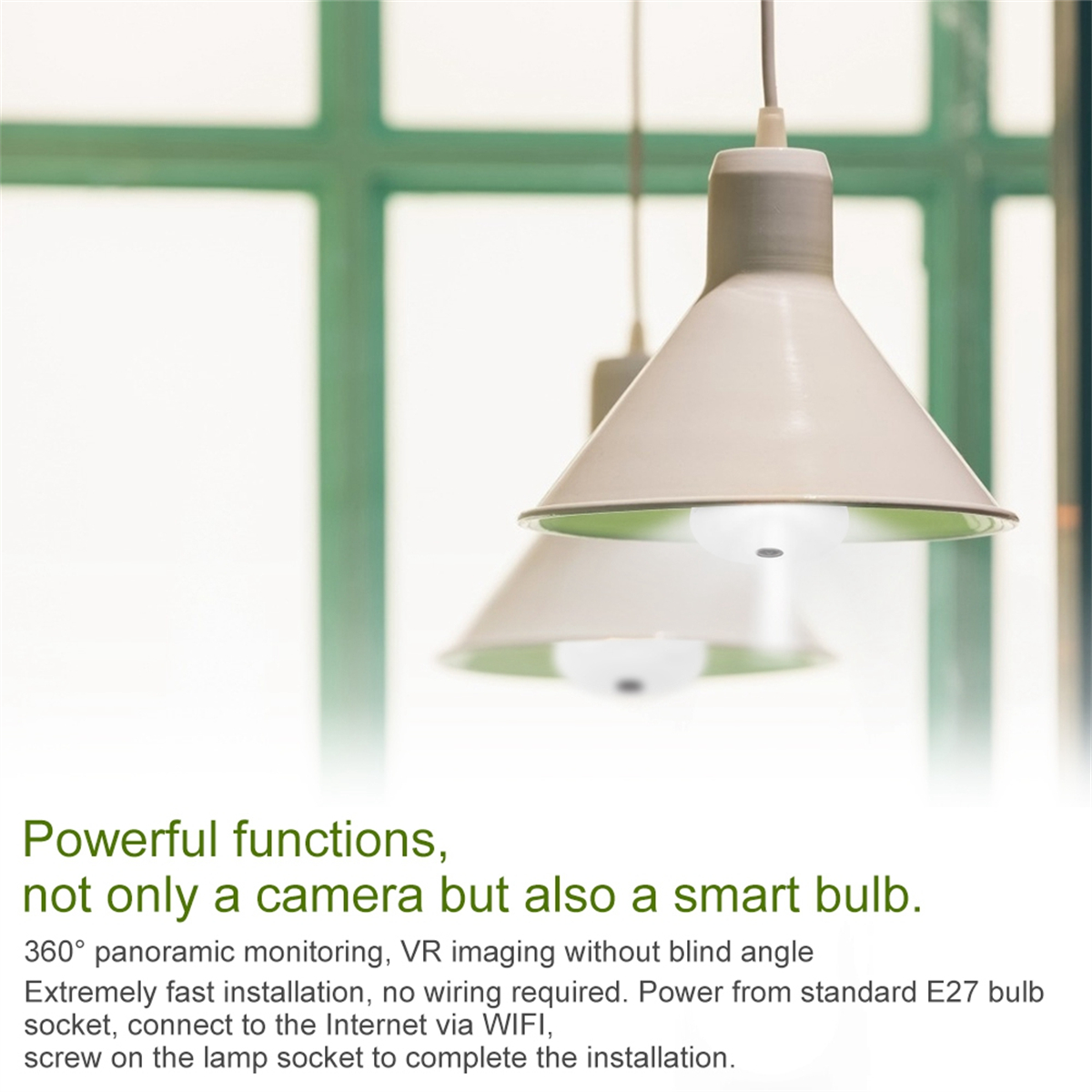 Zwei Pendelleuchten mit intelligenter Glühbirne. Text hebt Funktionen wie 360° Überwachung hervor.