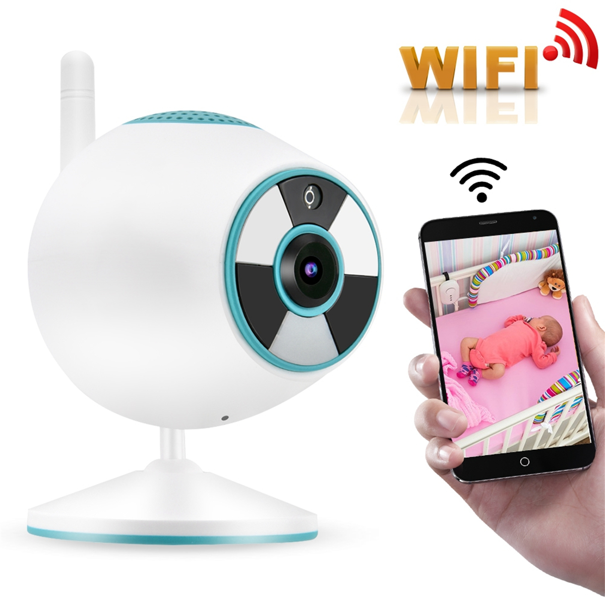 Ein Babyphone mit Smartphone, das ein Baby im Kinderbett zeigt, WLAN-Symbol.