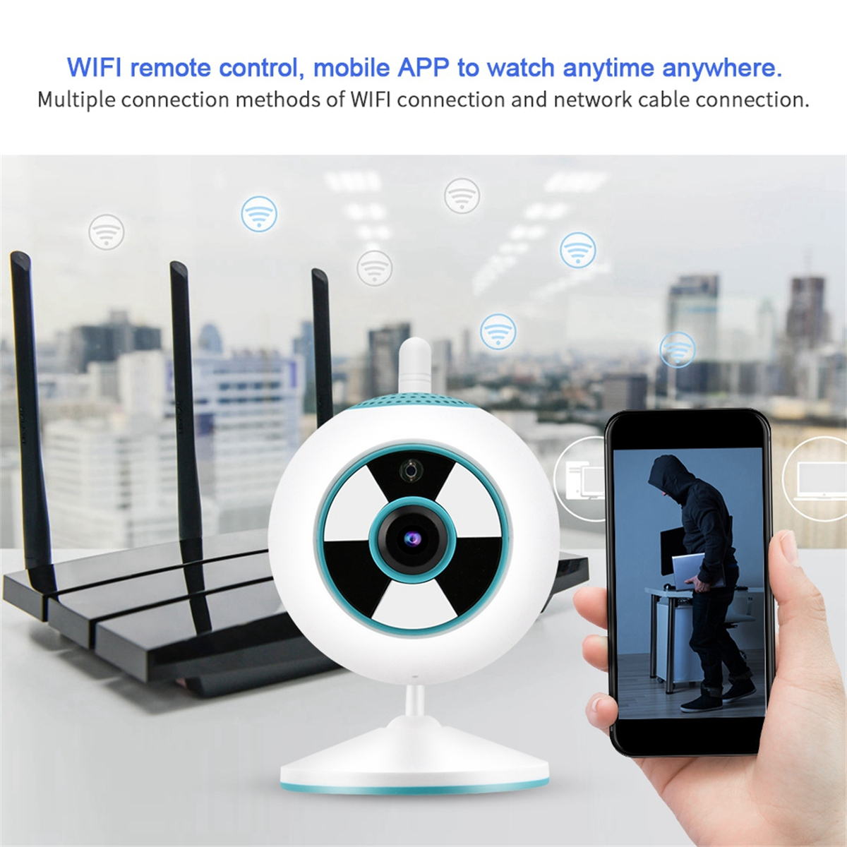 Eine weiße und blaue Überwachungskamera mit einem Telefon, das einen Dieb zeigt. Router sind im Hintergrund.