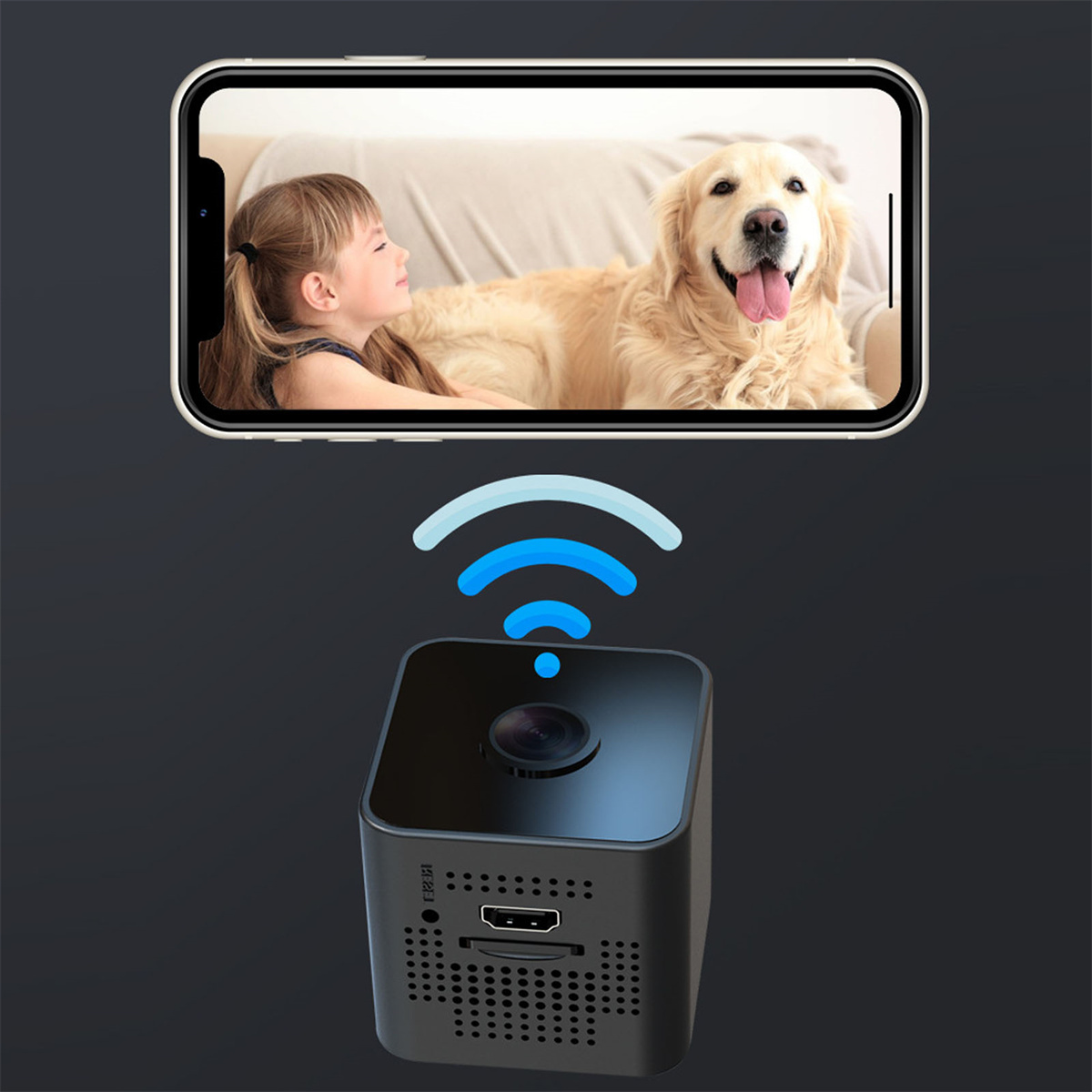 Eine kleine schwarze quadratische Kamera mit einem Telefon, das einen Hund zeigt.