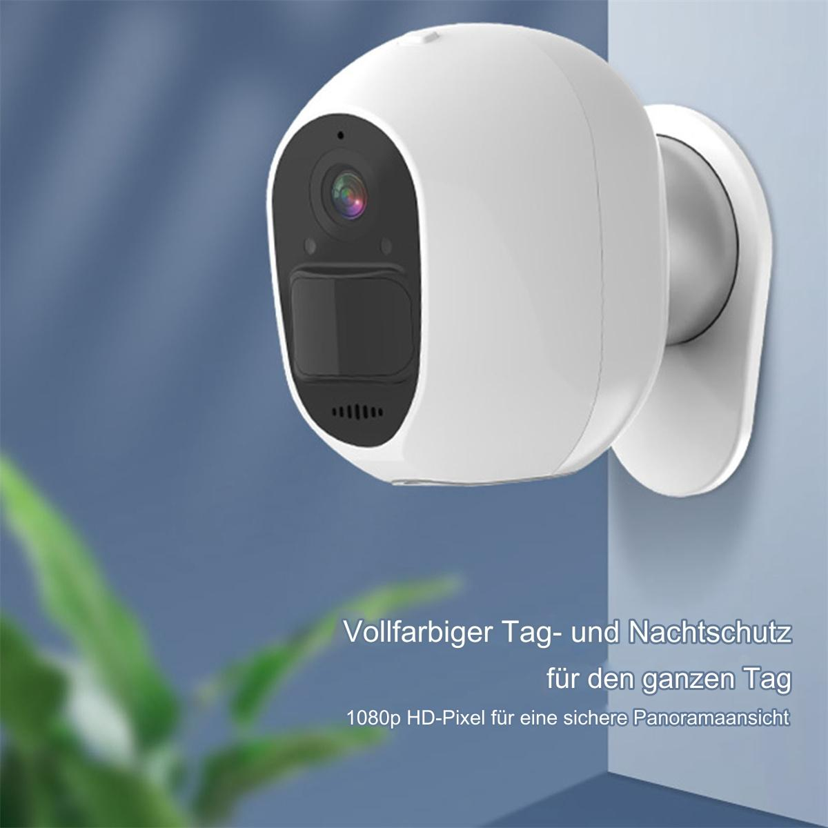 Weiße Überwachungskamera an einer blauen Wand montiert. Sie hat einen schwarzen Sensor.